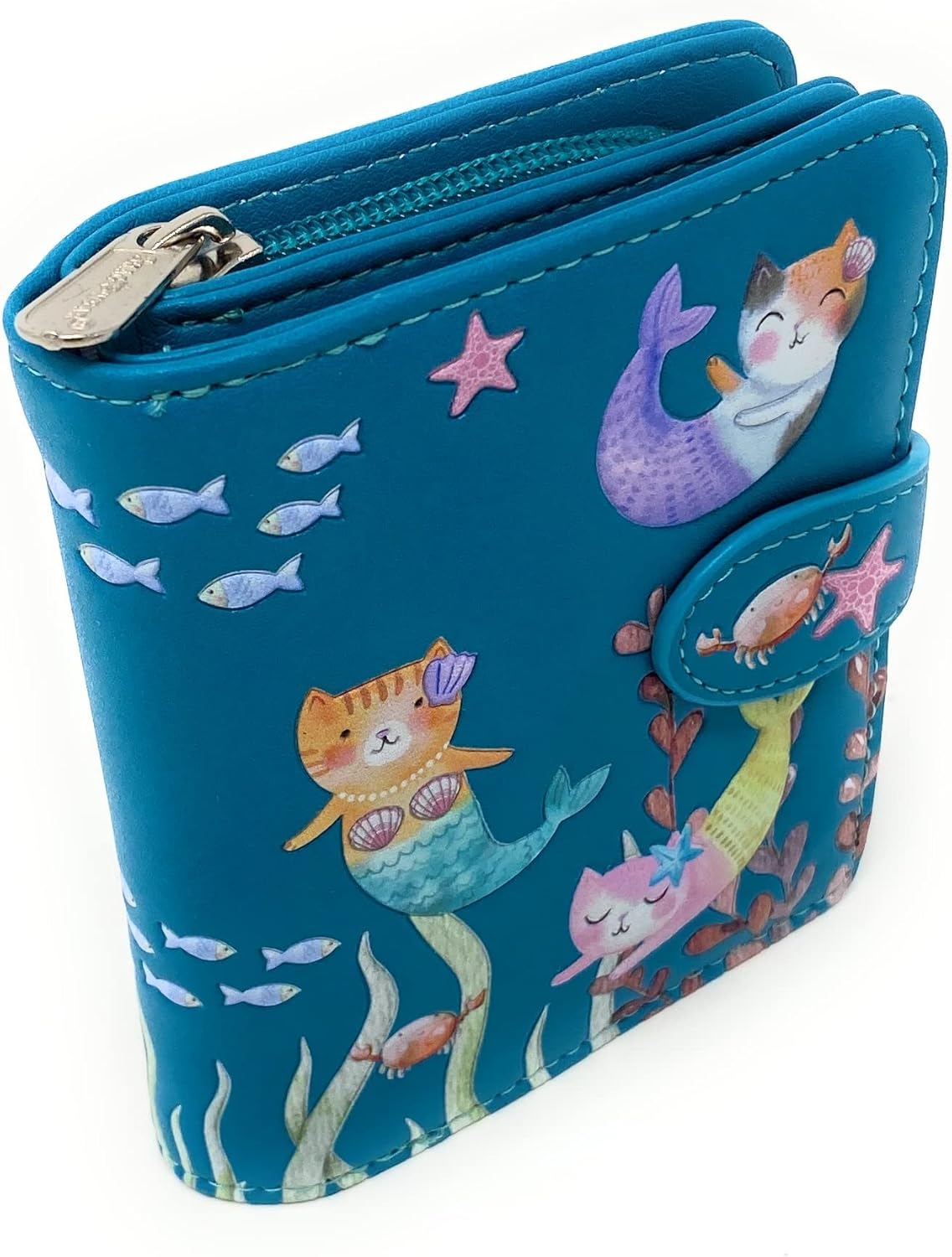 Shag Wear Cat Mermaid Small Women’s Wallet, Vegan Faux Leather Bifold with Card Slots, ID Window and Compact Snap Closure in Teal 4.5"