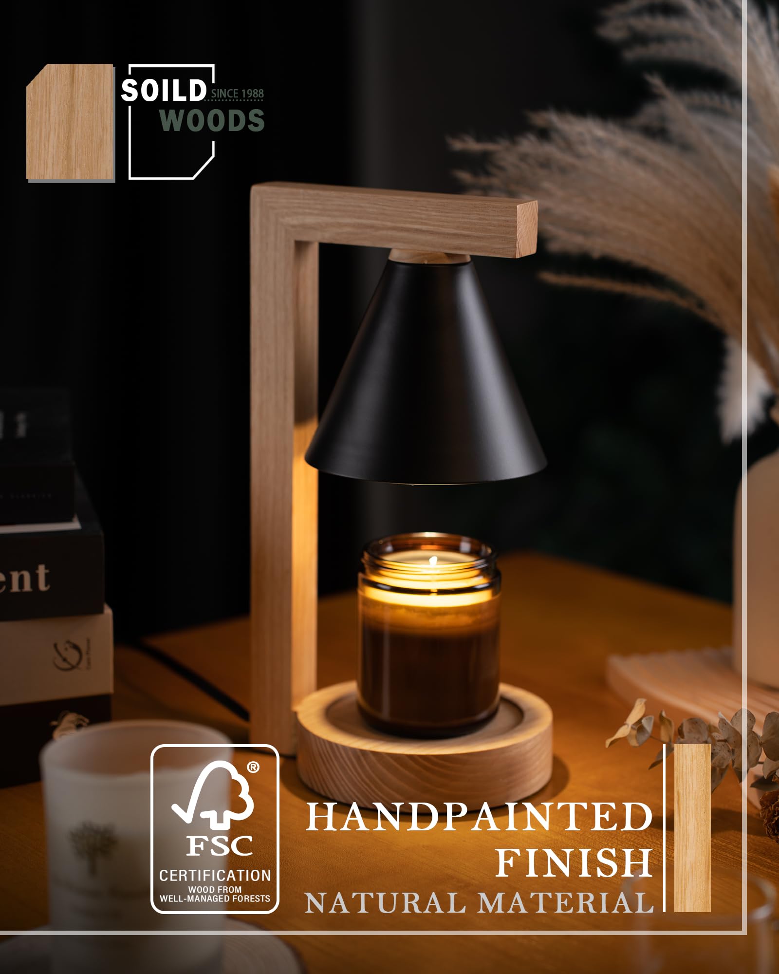 HANASS Candle Warmer Lamp - Black Candle Warmer Lamp with Solid Wood - Dimmable Wax Melter Lamps for Scented Wax - Candle Melter Compatible with Large Jar Candles, 2 Bulb Included, MT2314