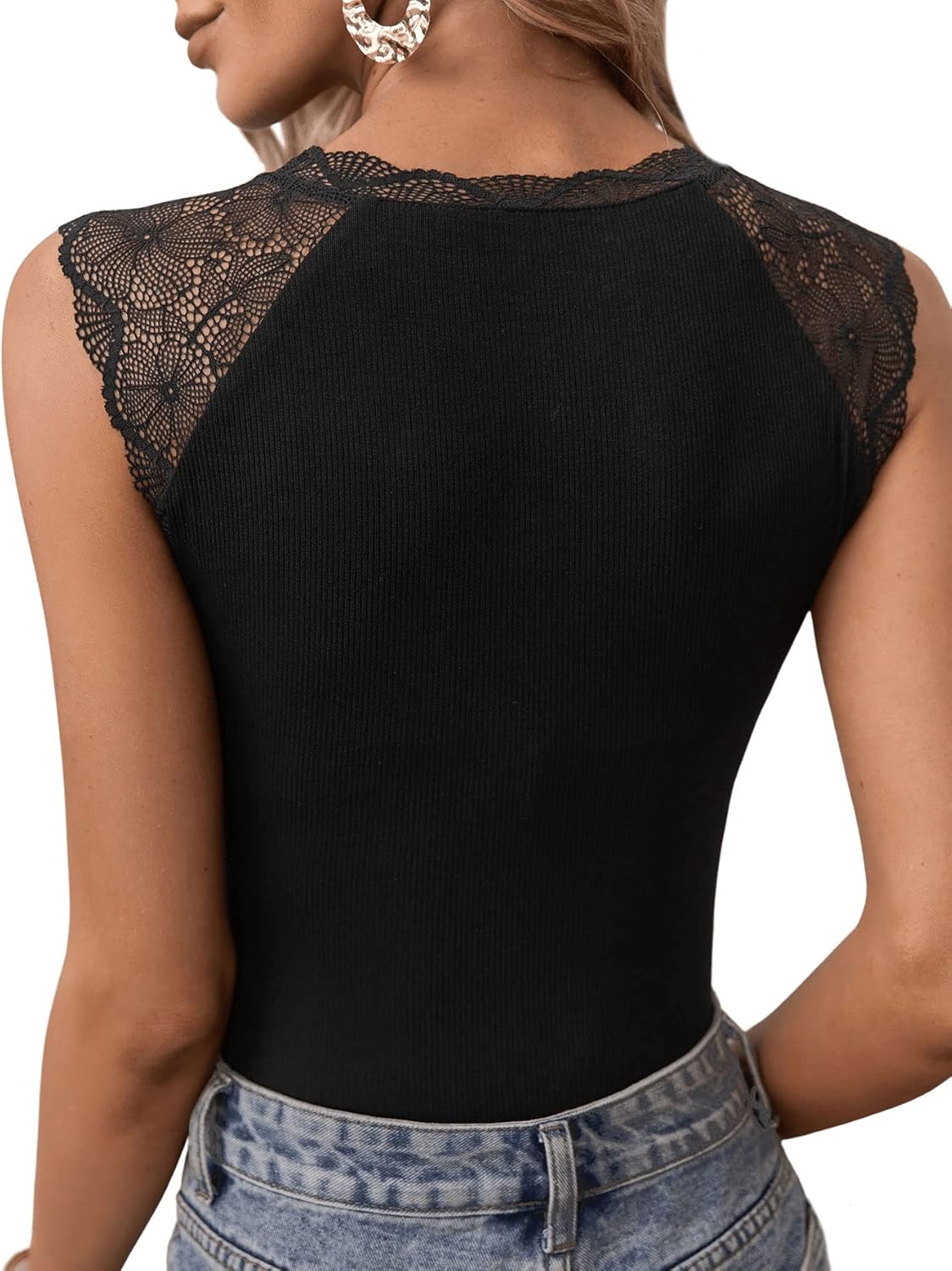 SweatyRocks Women's Sleeveless Round Neck Contrast Lace Skinny Corset Bodysuit Ribbed Knit Concert Tank Top - Image 2