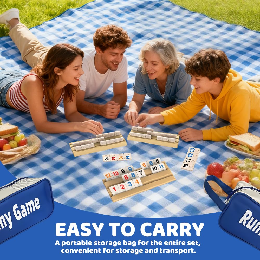 Rummy Jeu de Societe, Rami Jeux de Carte Coffret avec 1 Sac de Rangement, 4 Support, 112 Tuiles Robustes, Jeu de Rummy pour Les Joueurs