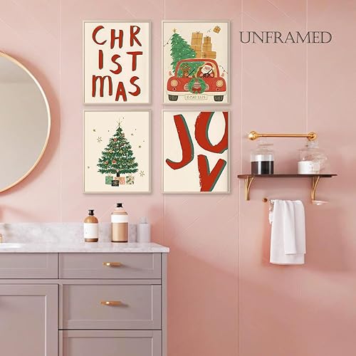 Miniatura 3 de Qabliqo Juego de 4 impresiones artísticas de pared con diseño de árbol de Navidad, diseño de Papá Noel, decoración de pared para el hogar,