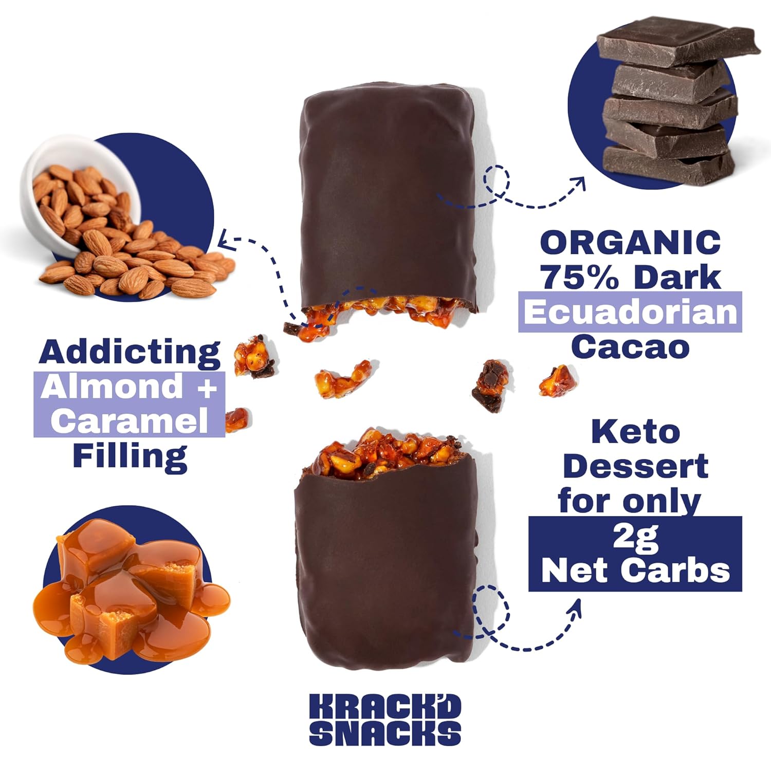 Krack’d Snacks Chocolate Snack Bars 10 Pk | Plant-Based Dark Chocolate Aloha Caramel with Almonds & Coconut | Gluten Free Candy Bars | Keto Chocolate Treats