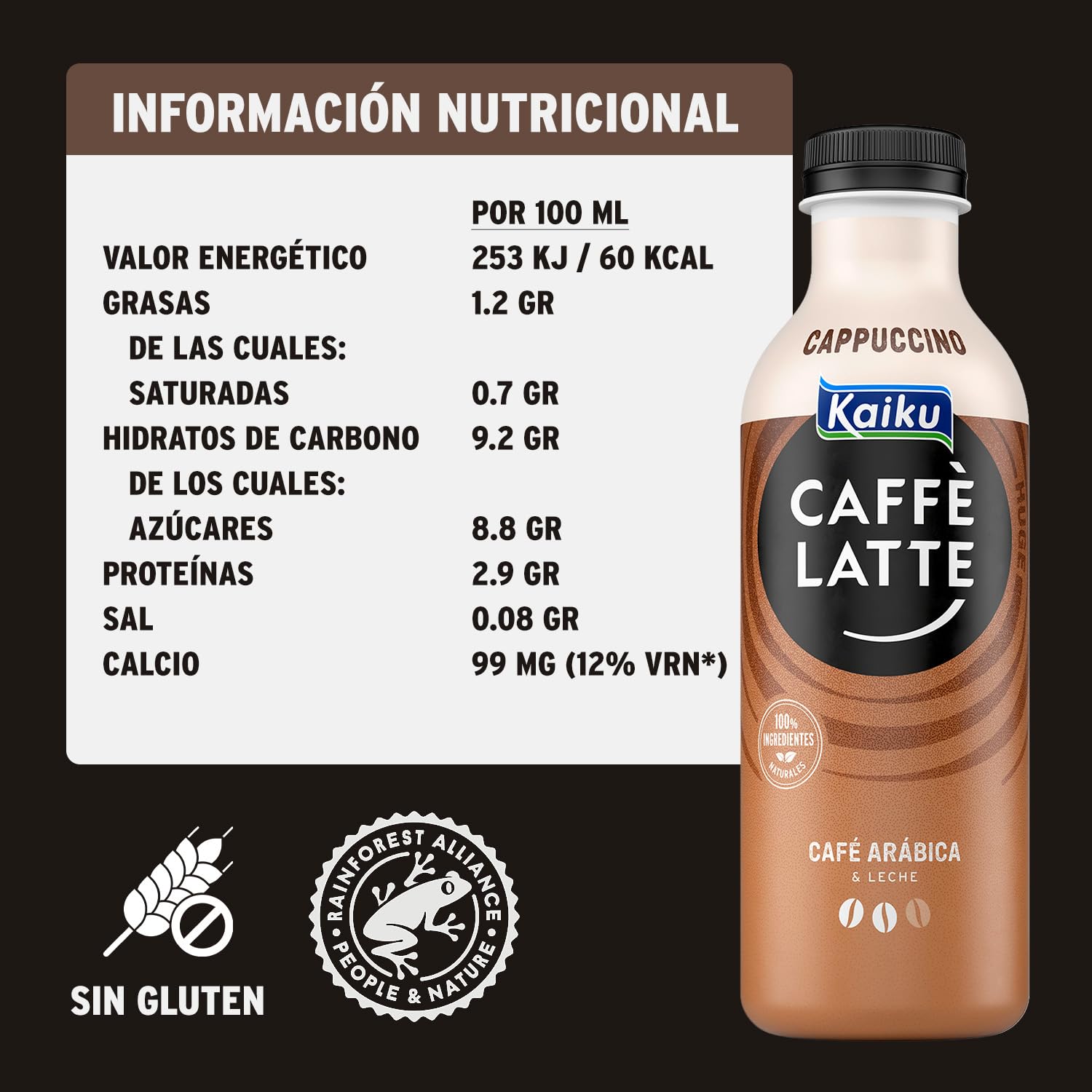 KAIKU CAFFÈ LATTE - Cappuccino Mr Huge Pack 8 x 650 ml, Café Frío con Leche y Cacao, Café Listo para Tomar, Formato Grande, Elaborado con Café Arábica de Nicaragua y Honduras, sin Gluten y con Lactosa