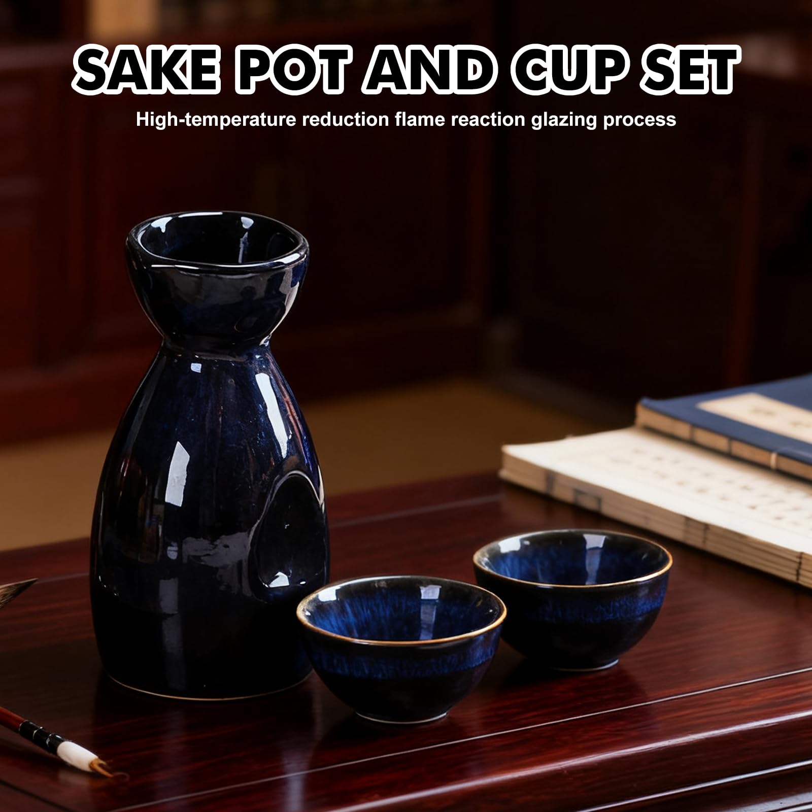 GOEDCH Set di sake tradizionali giapponesi: set di vino di riso blu per stile giapponese, include 4 tazze per sake e 1 vaso per sake, set di sake artigianale per la casa ristorante