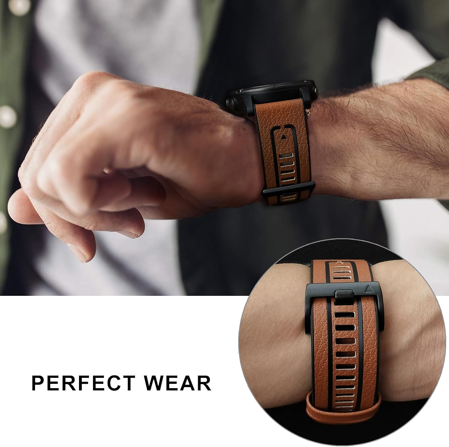 Abanen Leather Watch Band for Garmin Fenix 8 / epix Pro/Tactix 8 (51mm), Quick Fit 26mm Genuine Leather with Silicone Lining Soft Sweat-proof Wrist Strap for Enduro/Instinct 2X / Instinct 3 50mm - Image 7