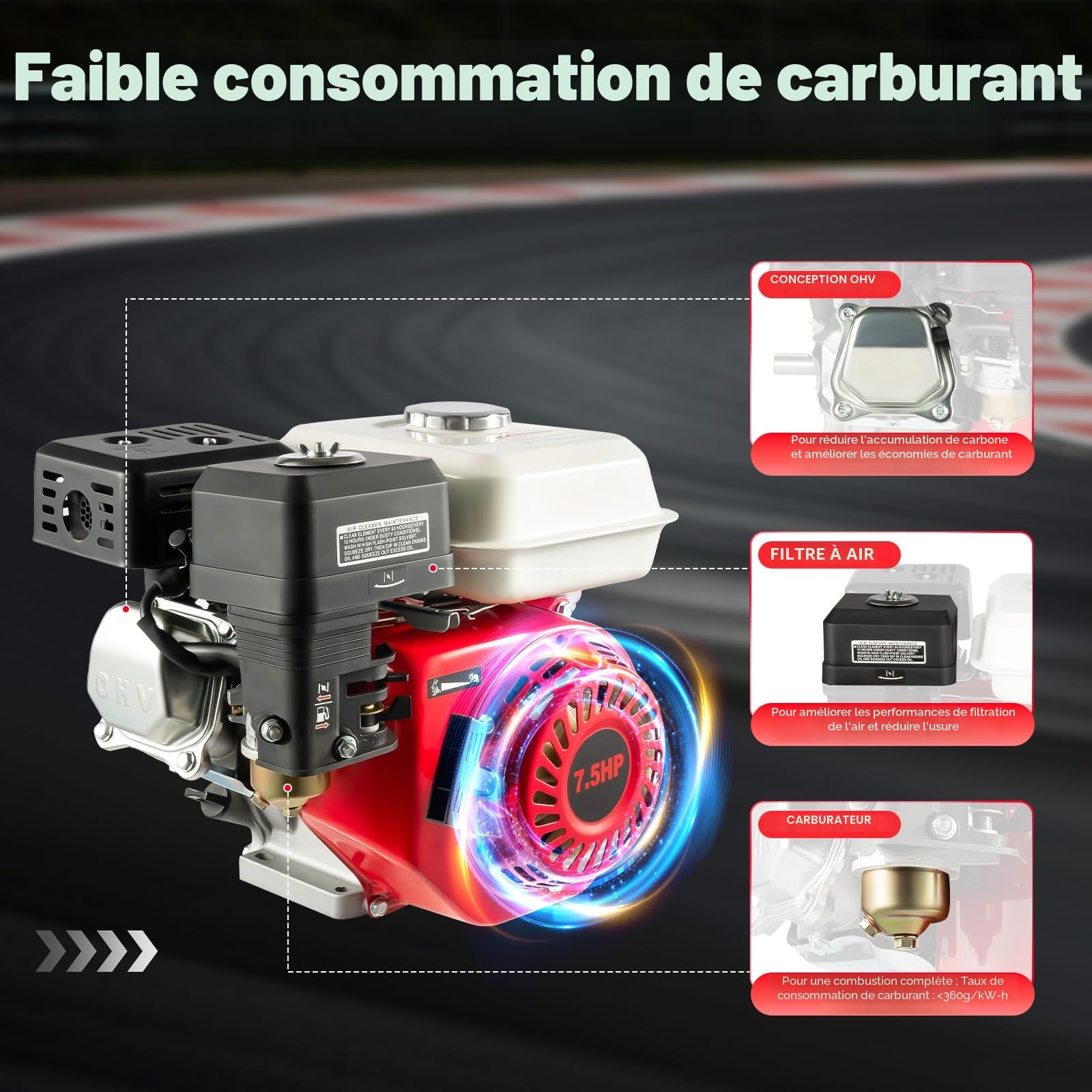 Moteur à essence 4 temps 7,5 CV - Moteur à essence avec arbre de 20 mm de diamètre et alarme d'huile - Faible consommation de carburant - Moteur industriel 3600 tr/min