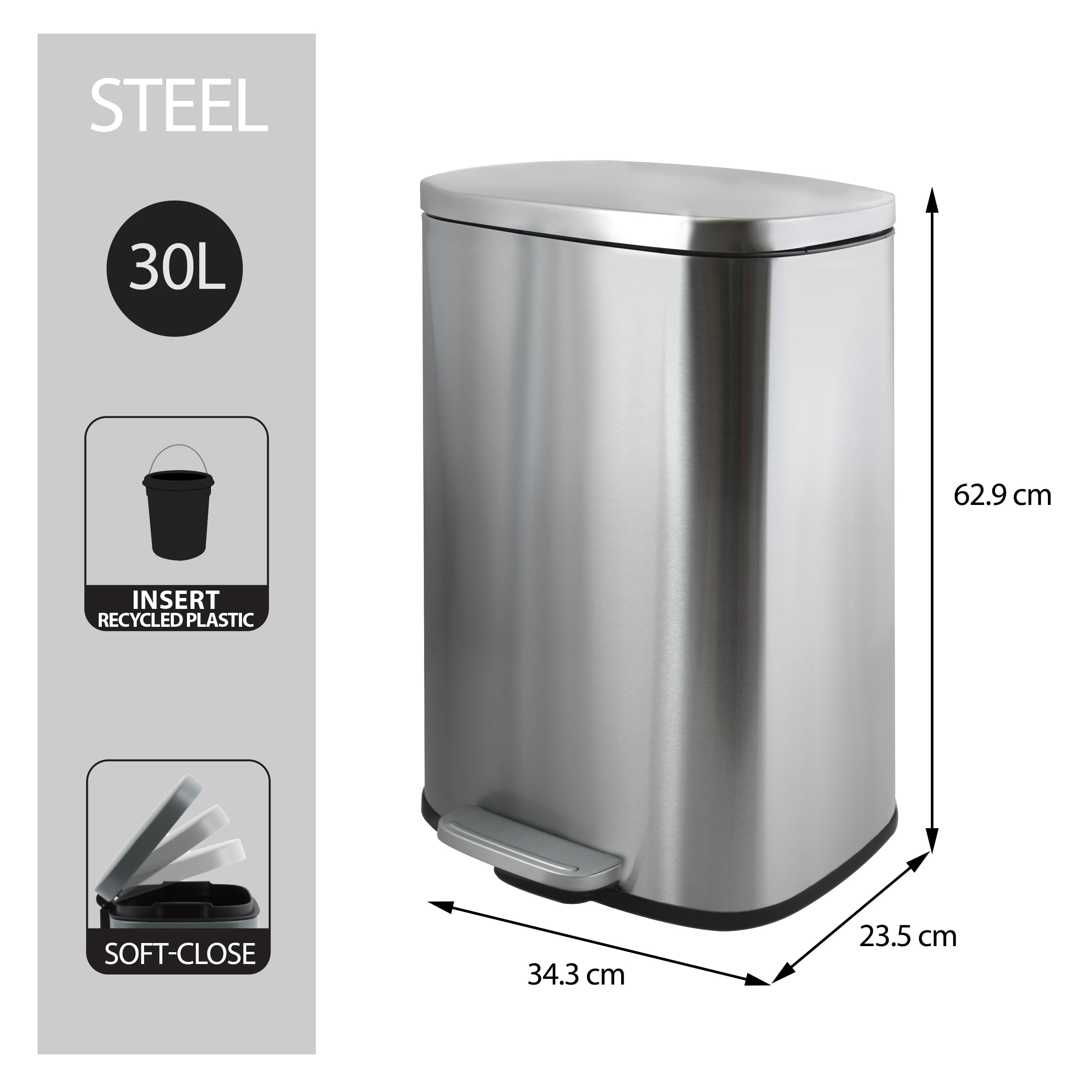 Spirella - Badezimmer Mülleimer mit Fußpedal Modell Akira - Hochwertiger Edelstahl - Leise Schließfunktion Easy-Close - Gebürstetes Metall - 30L - Badaccessoires