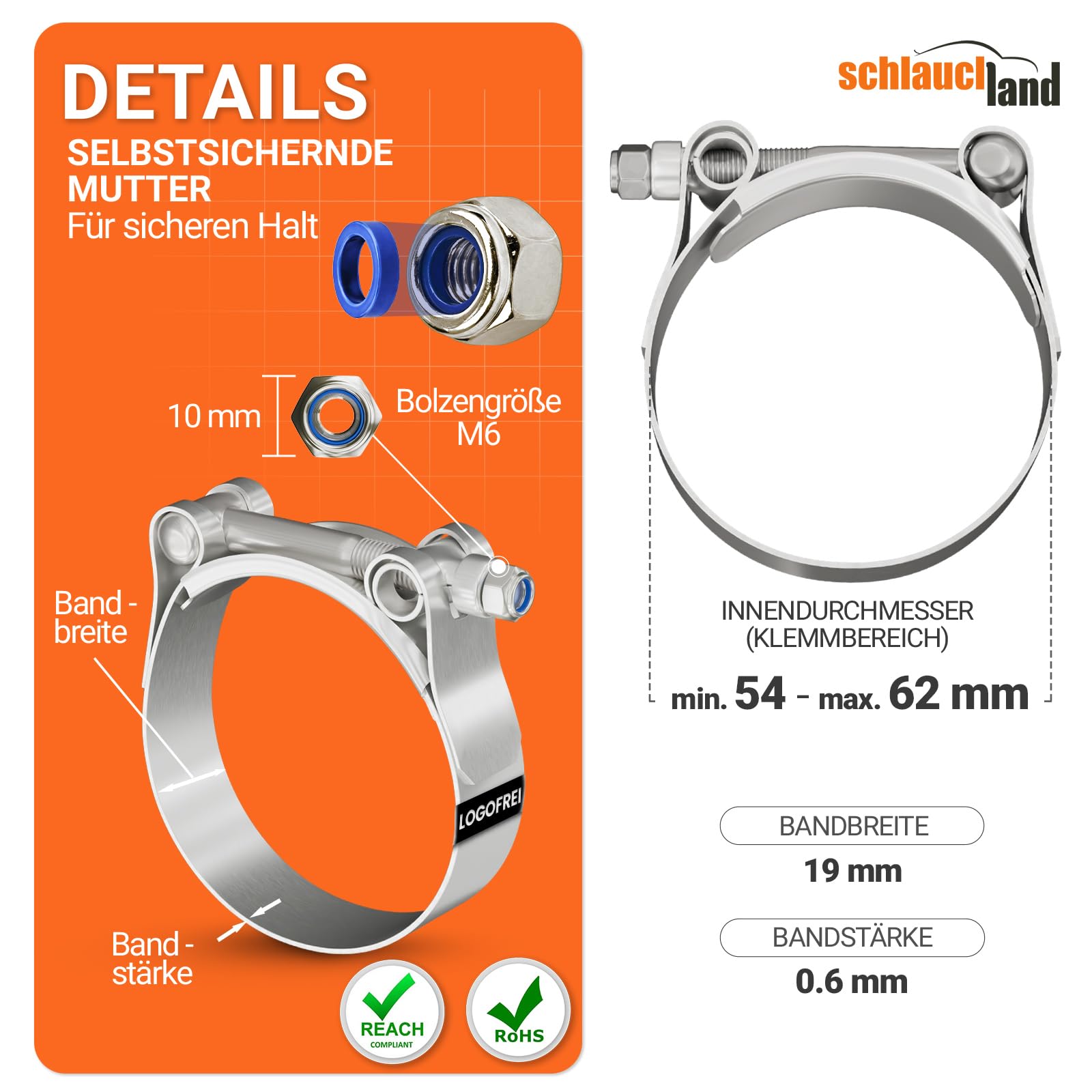 20 Stück SCHLAUCHSCHELLE EDELSTAHL-SCHELLE W4 Ø 54-62mm Edelstahl INOX V2A 1.4301 rostfrei | GRÖSSEN 31-113mm & 1/10/20/50/100er Pack | T-Bolzen Spannbacken Gelenkbolzenschelle Rohrschelle TOP