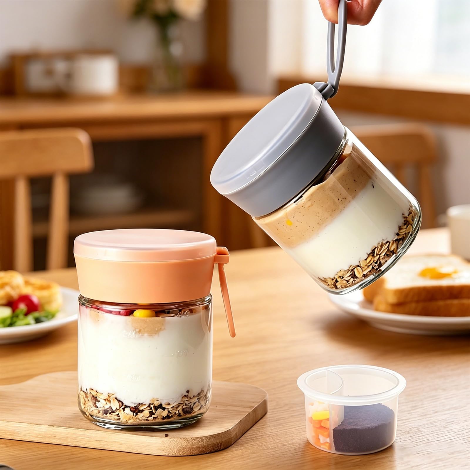 Overnight Oats Overnight Oats - Set di 4 bicchieri con cucchiaio pieghevole, multiuso, con coperchio, per separazione a secco e bagnato, per yogurt, porridge, colazione (4 pezzi, 600 ml)