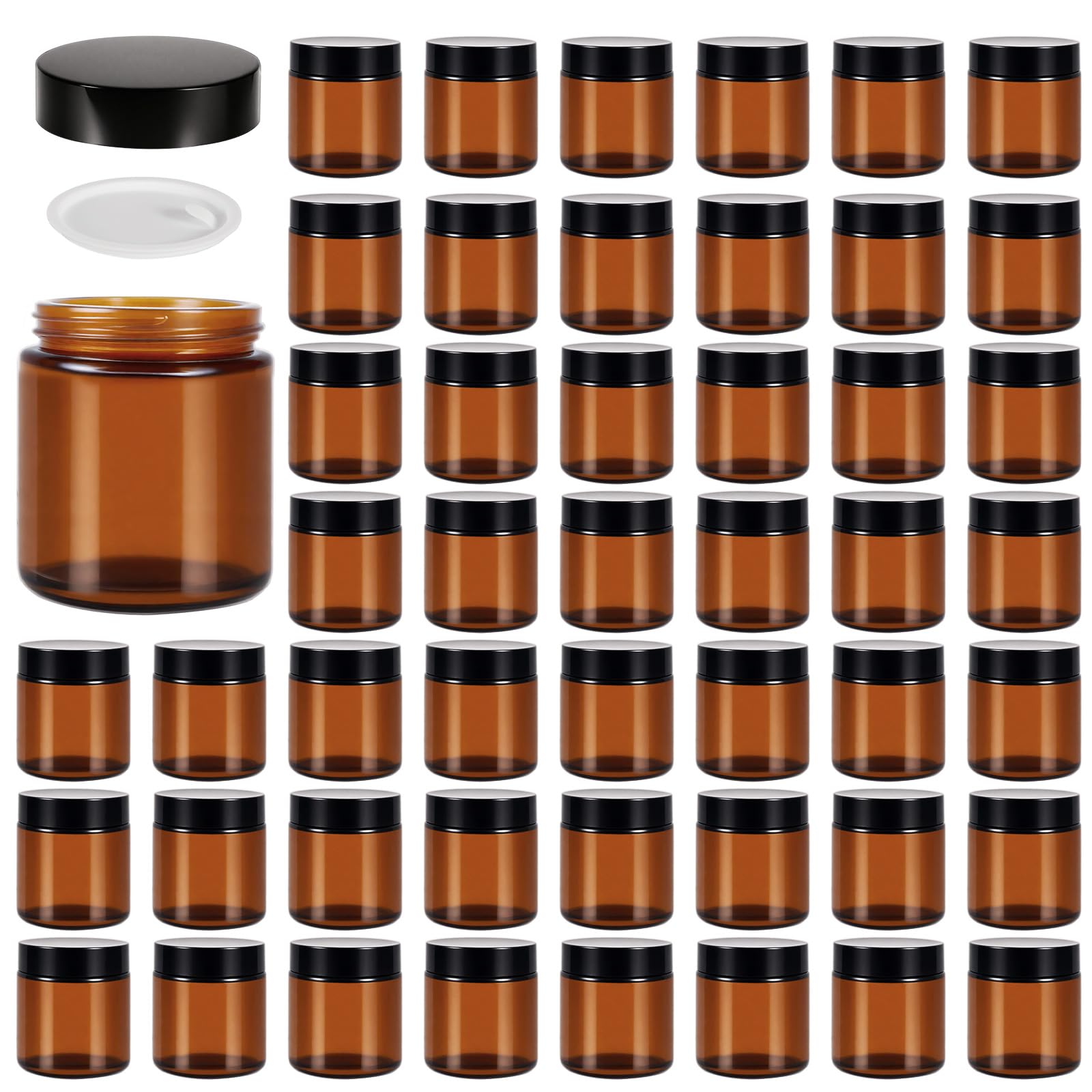 48 Pack 4oz Amber Glass Jars with Lids, Airtight Containers with Liners Lid for Cosmetics, Travel, Lotions Powder, Onitments Candle Making, DIY |