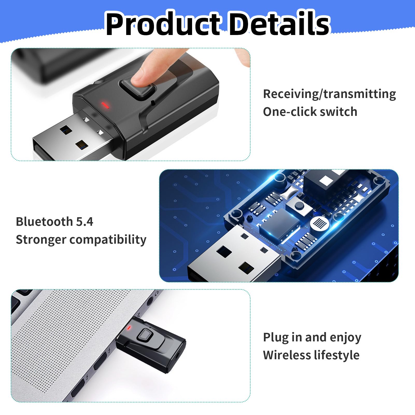 Adaptateur Bluetooth USB 5.0 2-en-1 (émetteur et récepteur), Audio stéréo sans Fil avec Prise Jack 3,5 mm pour TV, PC, Voiture, Enceintes, Casque, Mains Libres, sans Latence