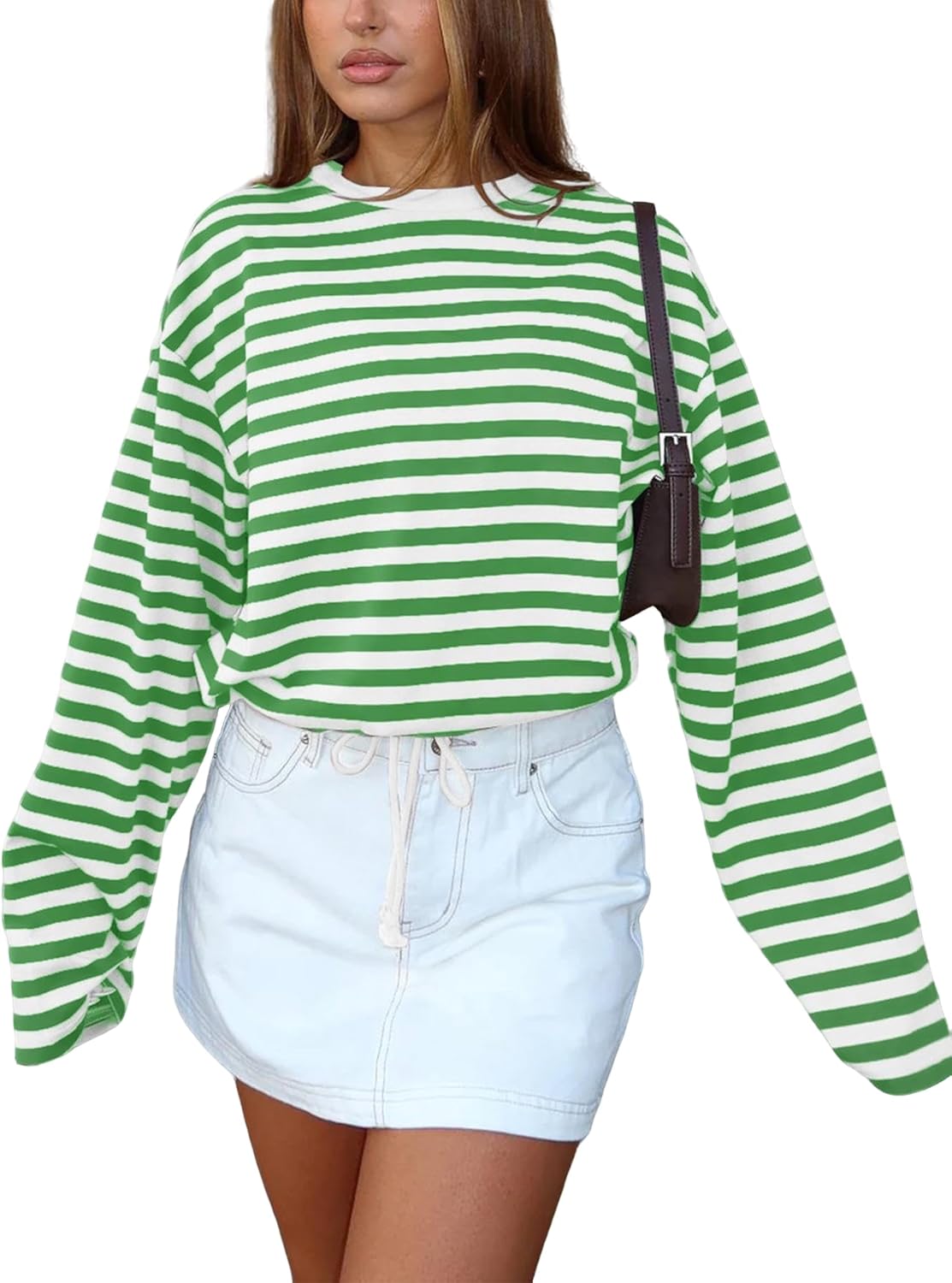 Vivitulip Women’s Casual Striped Sweatshirt Relaxed Fit Round Neck Long Sleeve Drawstring Cropped Pullover Tops