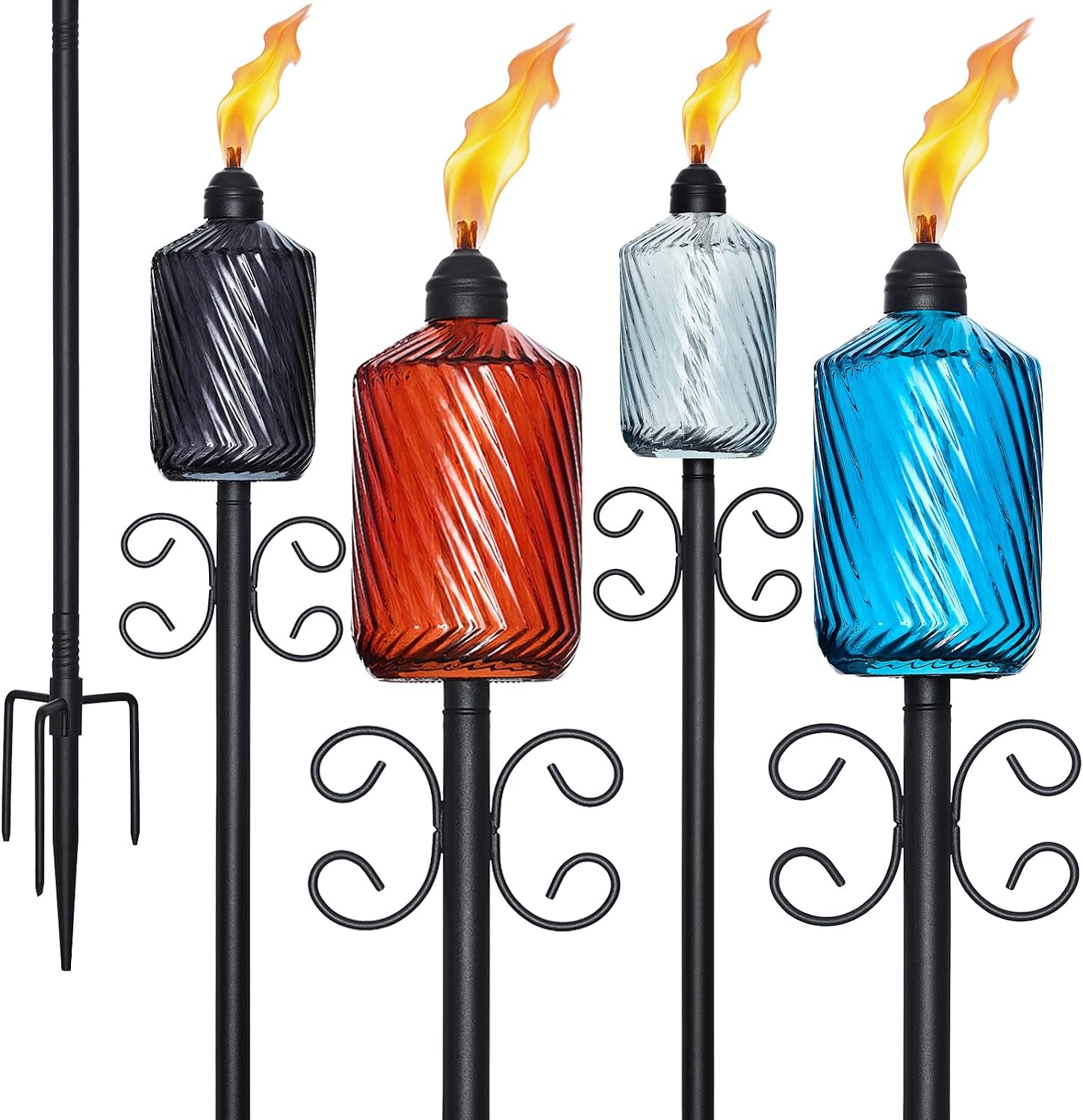 4 Pack Glass Garden Torches for Outside,12.5 Oz Citronella Torches | 4-Prong Grounded Stake, Burning Time 8 hours+，Outdoor Patio Decor Torches for Party Patio Yard Pathway ( Multi-Color)