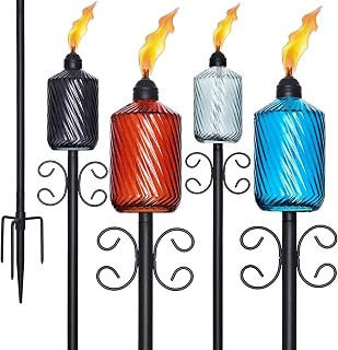 4 Pack Garden Torches for Outside, 14 oz Glass Citronella Torches,29-58 inch Outdoor Citronella Torches with 4-Prong Grounded Stake for Garden, Patio, Party,Yard( Multi-Color)