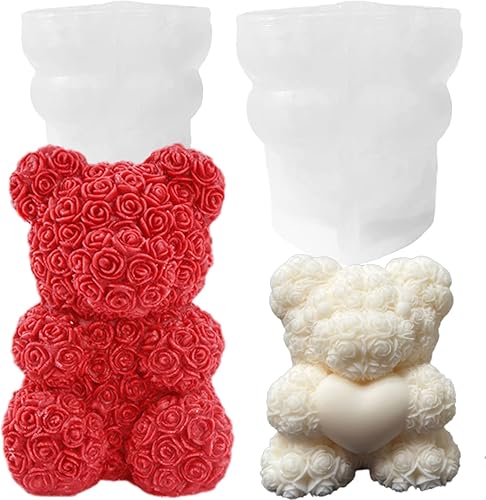 Miniatura 7 de Paquete de 2 moldes de velas de oso de rosas 3D, moldes de silicona para el día de San Valentín, pinte su propio oso de corazón o vela de oso de