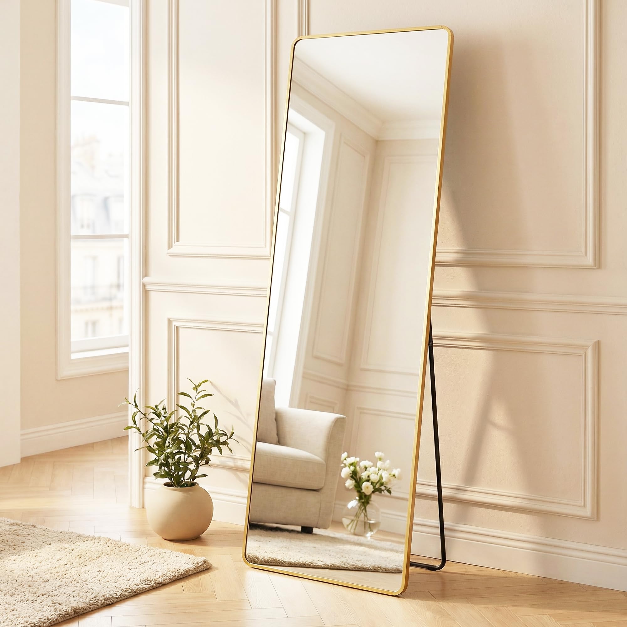 SONGMICS Miroir Intégral, 160 x 50 cm, Miroir Rectangulaire sur Pied, à Poser au Sol, Cadre en Alliage d'Aluminium, Verre Trempé, pour Chambre, Salon, Dressing, Doré Clair LFM030A01