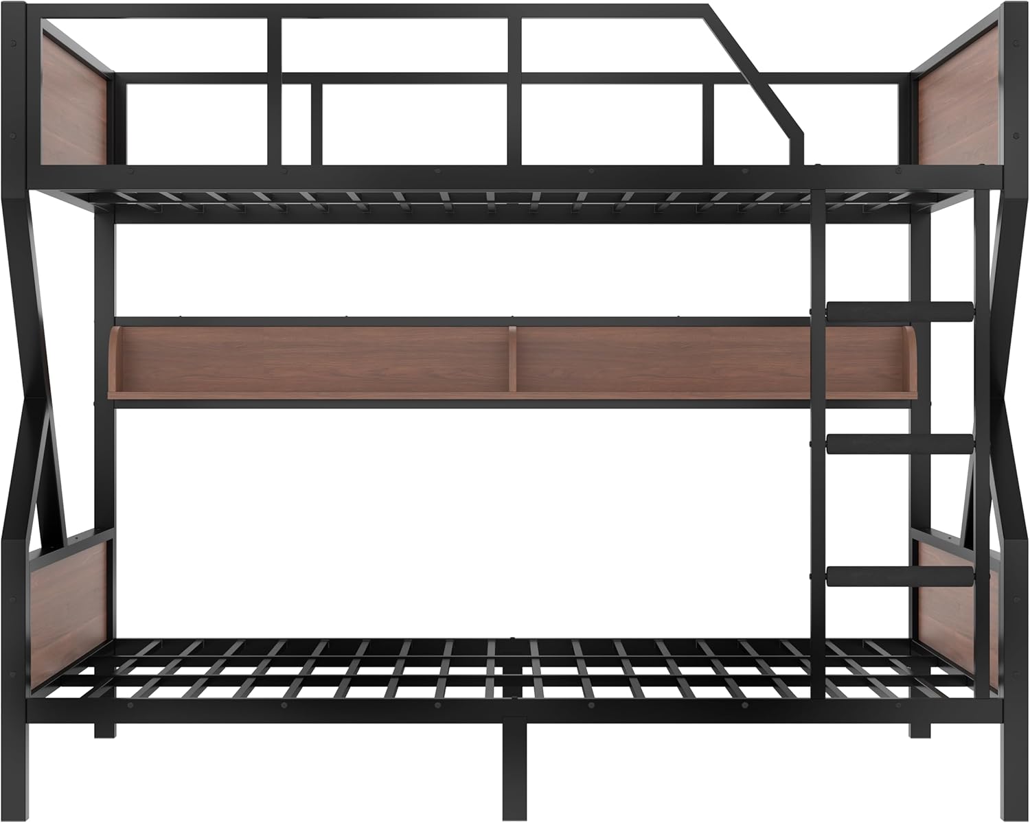 Bellemave Queen Over Queen Size Bunk Bed Frame with Storage Shelves and LED Lights,Heavy Duty Adult Bunk Beds with Angled Ladder,Metal Queen Bunk Bed,Woodgrain