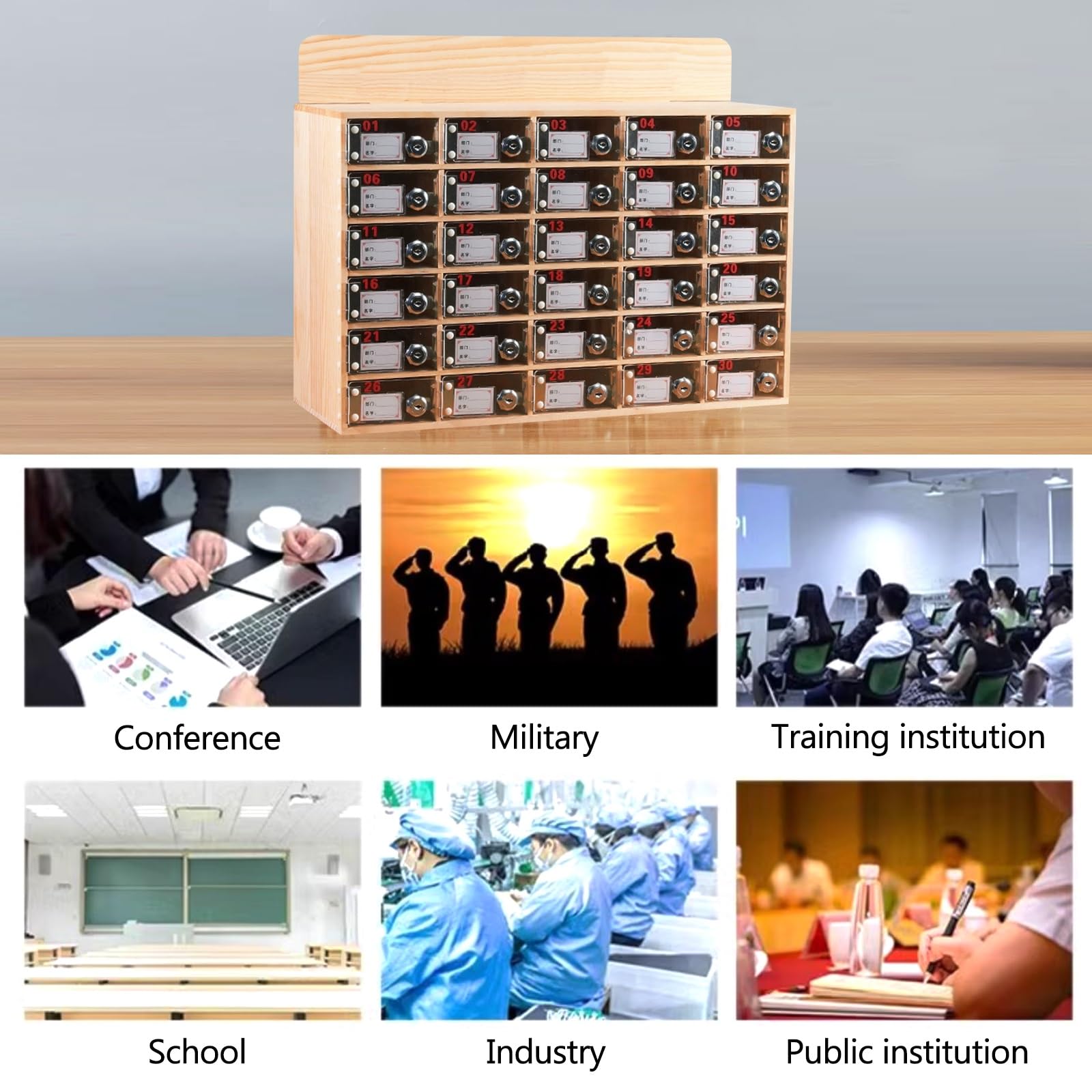 Armoire de rangement en bois pour téléphones portables, organiseur de bureau pour école et conférence Solution de rangement compacte (6 compartiments)