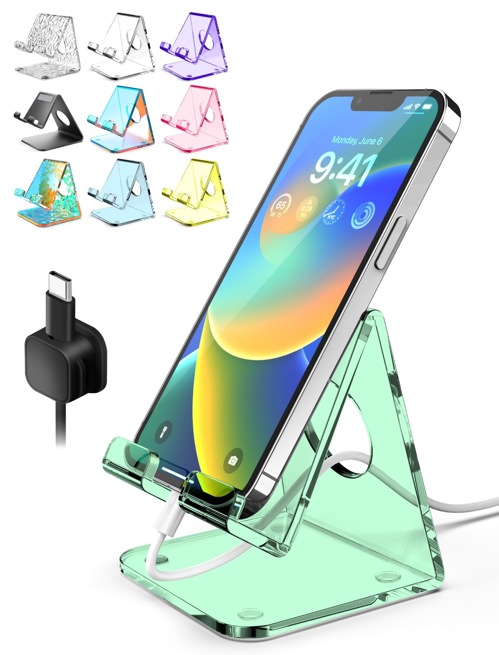 TOPGO Acrylic Cell Phone Stand, Clear Phone Holder for Office Desk, Vanity, Kitchen Counter, Bedside Table, Compatible with iPhone 17 16 15 14 13 12