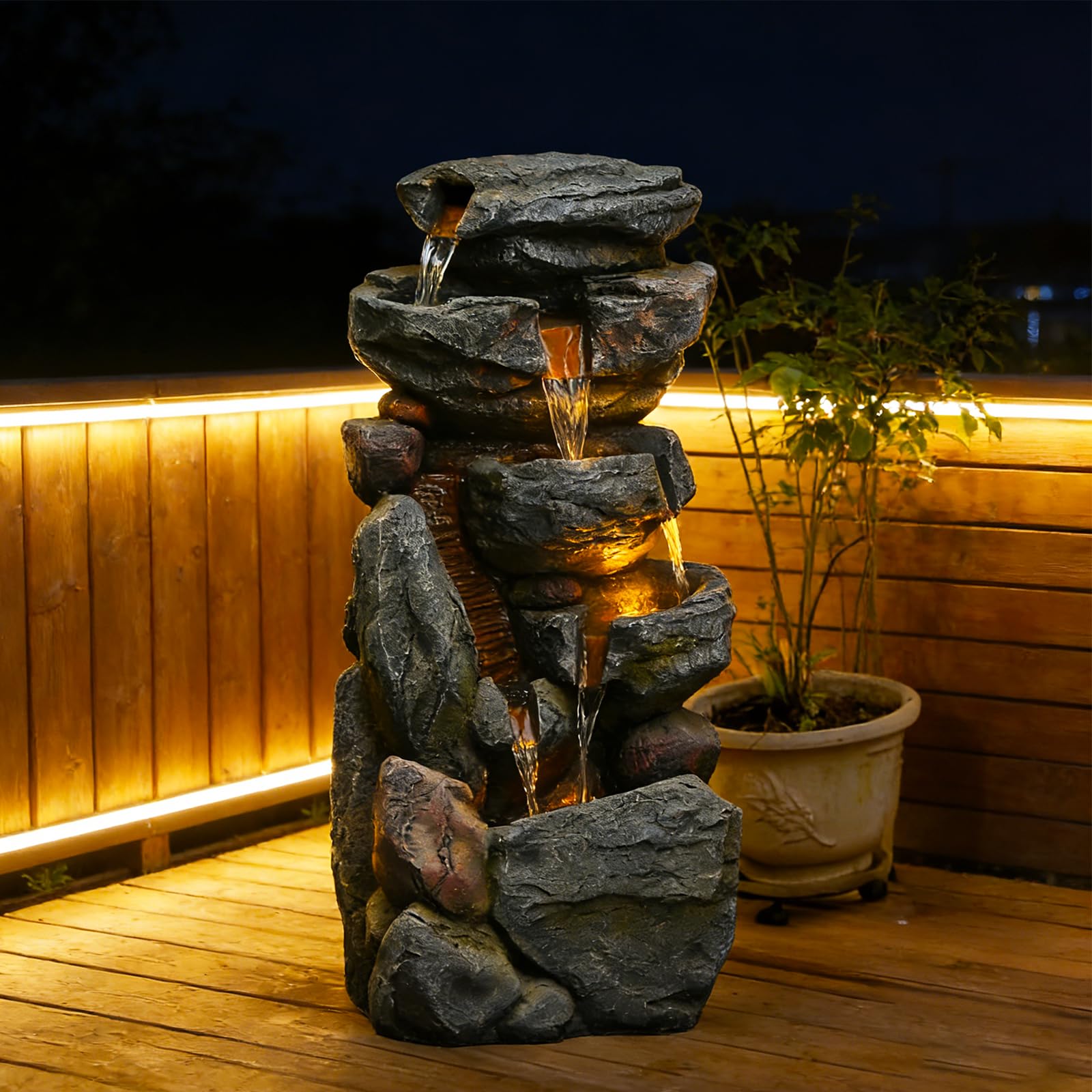 Bumilgar 5-stufiger Felsen-Springbrunnen für Innen- & Außenbereich, 80 cm hoher freistehender Garten-Brunnen mit Beleuchtung, Stein-Wasserfall für Terrasse, Balkon, Veranda, Wohnkultur, Grau