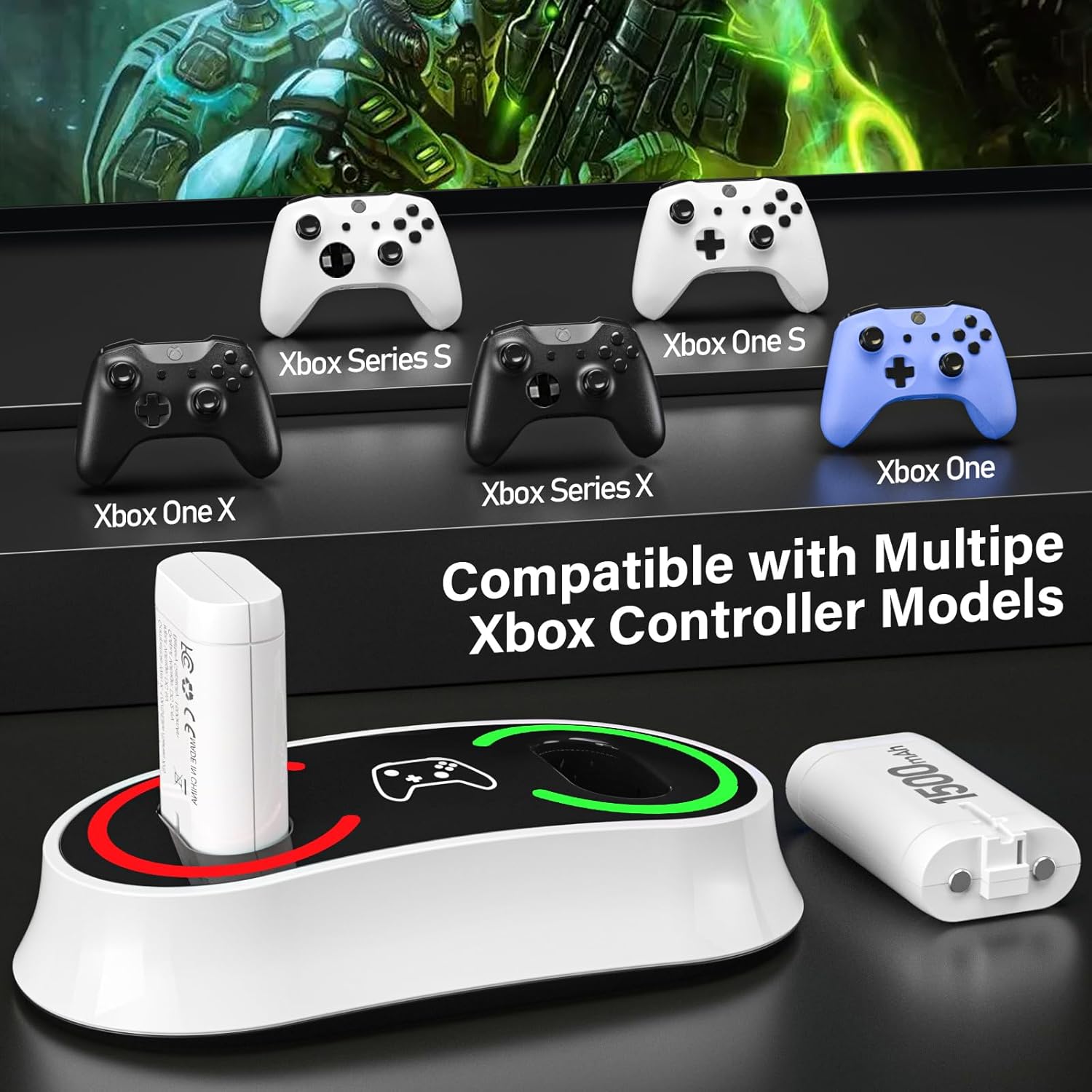Battery Pack with Charger for Xbox Controller, 2 x 4400mWh (1500mAh) Fast Rechargeable Battery Charging Dock/Station for Xbox One, Series X/S, One S, One X, One Elite, Wireless Controller Accessory