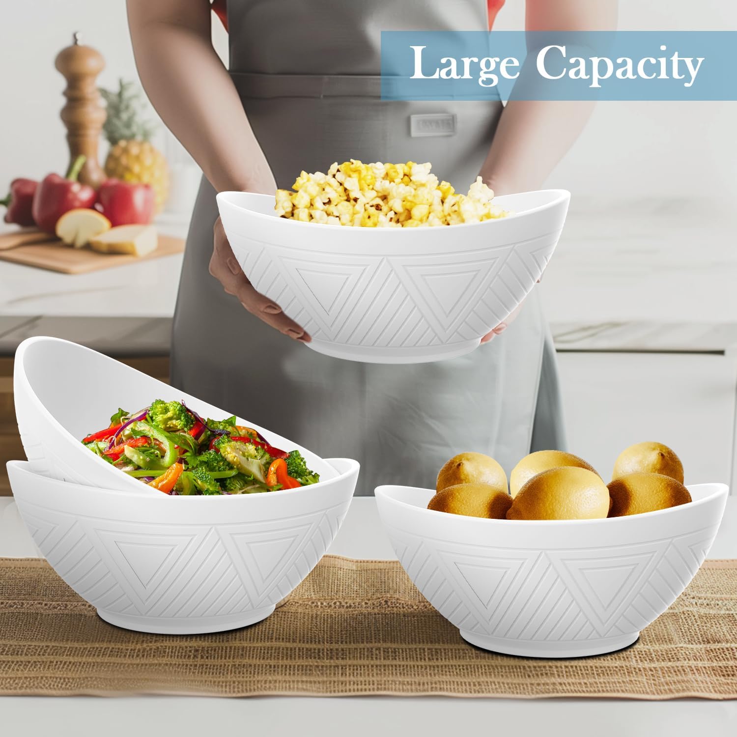 65 OZ Big Bowl Set - Wheat Straw Bowls Unbreakable Salad Bowls Set of 4, Plastic Bowl Reusable for Kitchen, Camping, Party, Popcorn, Microwave & Dishwasher Safe Bowl (White)