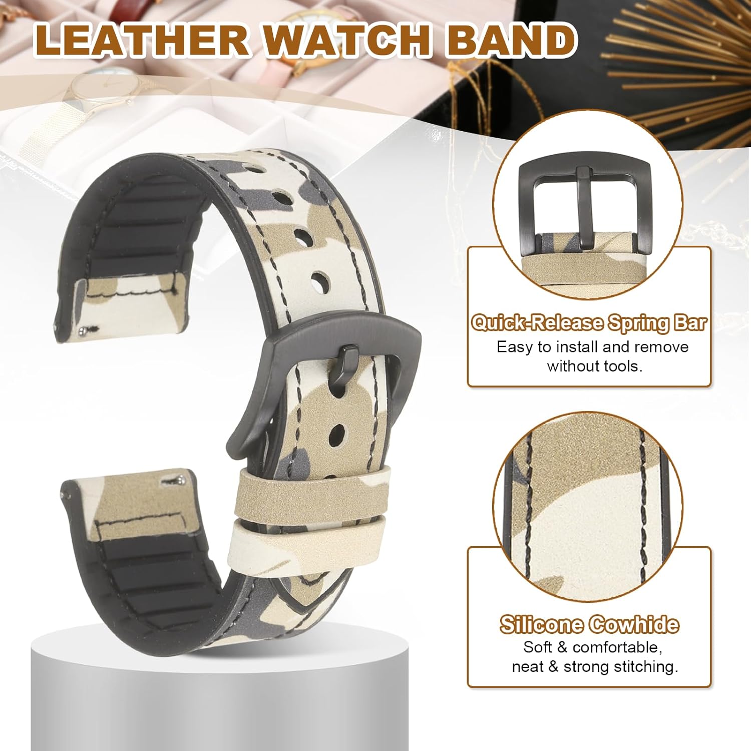 HARFINGTON Leather Watch Bands Quick Release Watch Strap Silicone Cowhide Replacement Wrist Band Black Buckle for Men Women - Image 4