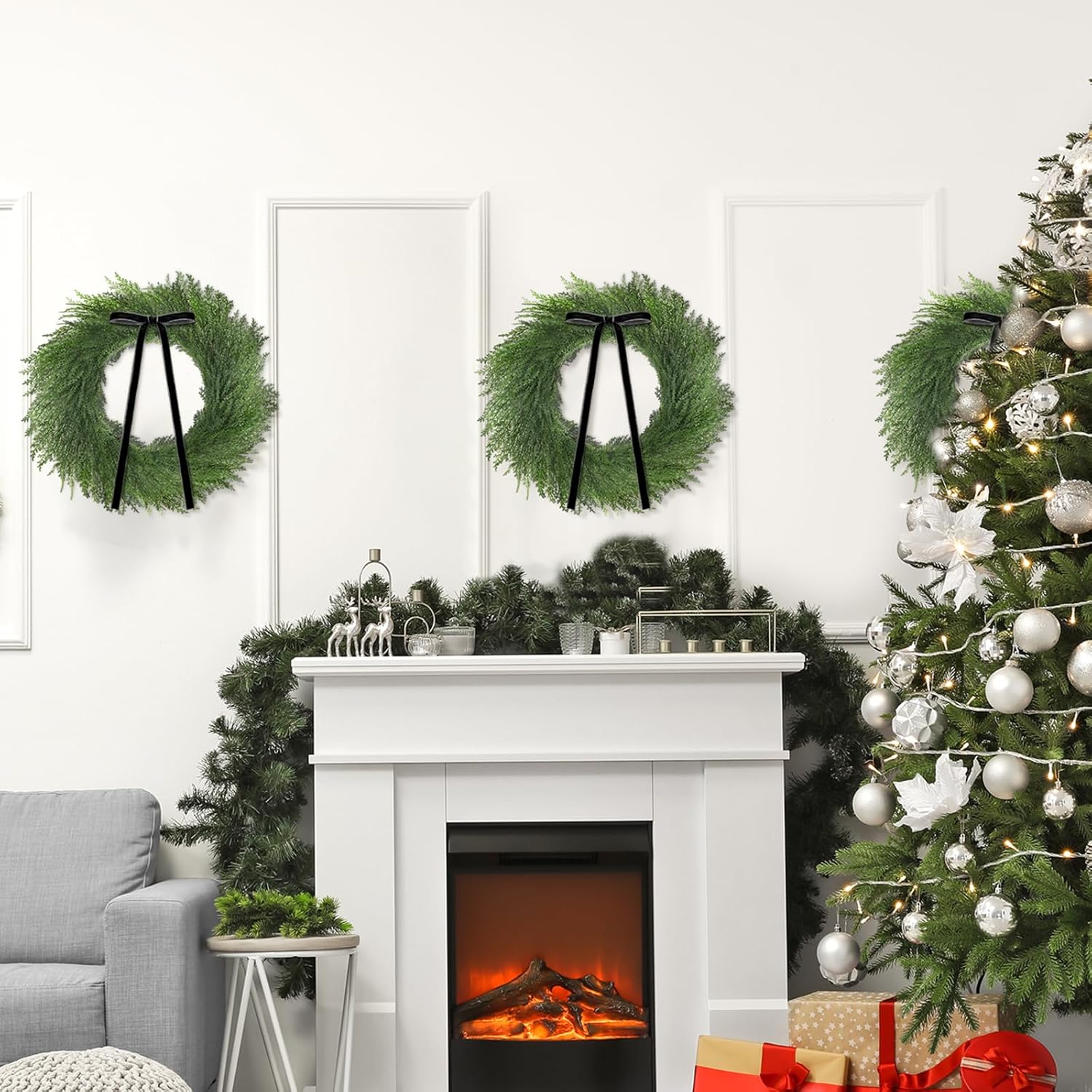 3 Pcs 24 Inch Christmas Cedar Wreath Artificial Greenery Wreath Winter Farmhouse Holiday Decoration with Black Ribbon Bow for Front Door Window Xmas Indoor Outdoor Home Decoration