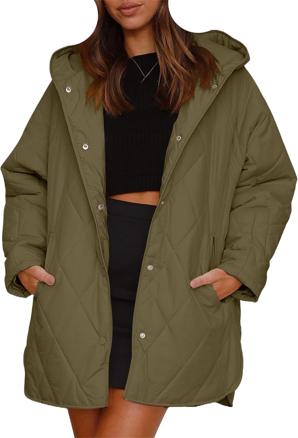 DIACACY Womens Quilted Puffer Jacket Hooded Long Sleeve Button Up Winter Coat Oversized Warm Jackets with Pockets
