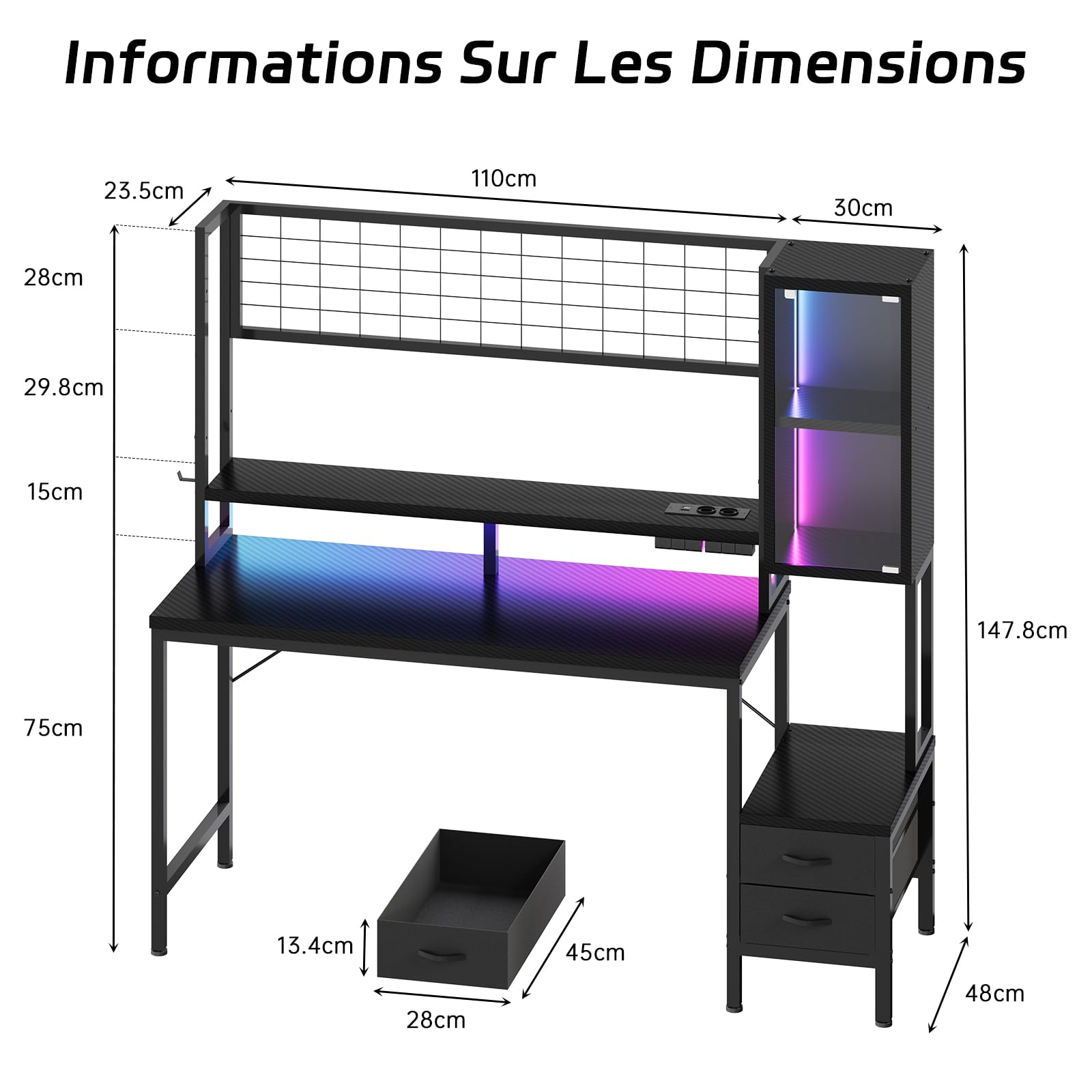 Devoko Bureau Gaming 140cm, LED & Prises, Panneau Grille & Vitrine, Noir