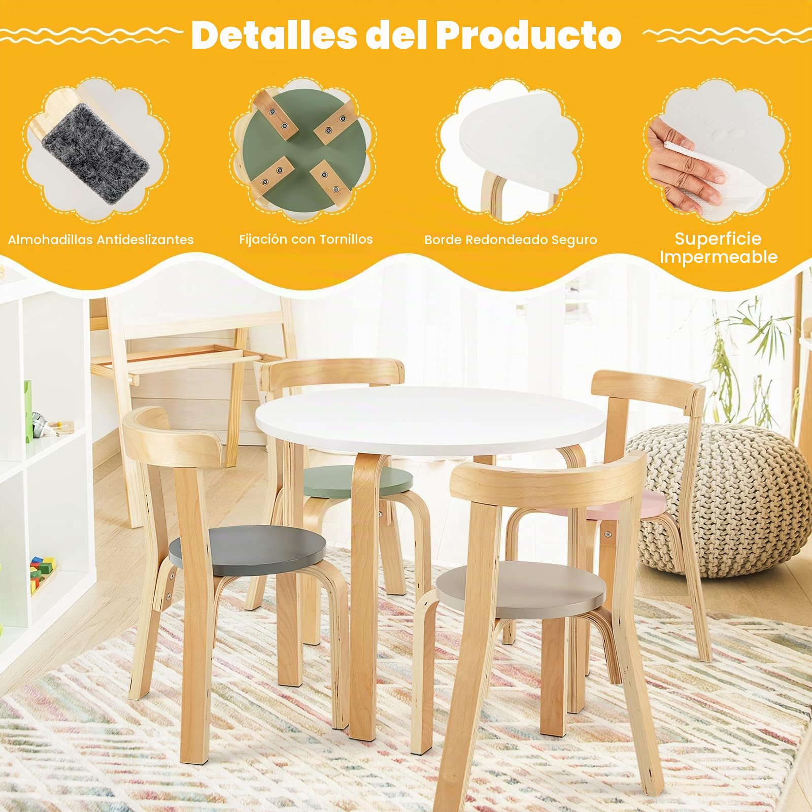 RELAX4LIFE Juego de muebles de 5 piezas, mesa de actividades y 4 sillas infantiles de madera para escuela, sala de juegos y dormitorio, +4 años