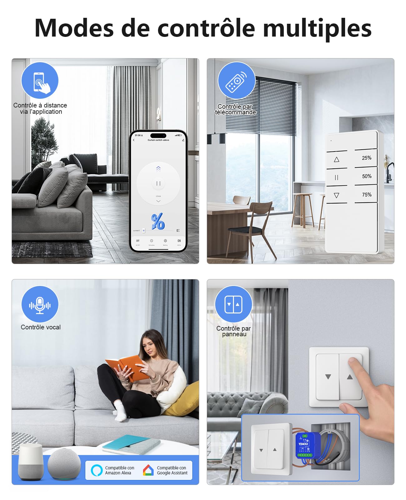 YOMOGI Module Volet Roulant Connecté avec Télécommande RF, Module WiFi pour Rideau Stores Compatible avec Alexa Google Home pour Contrôle en Pourcentage, Télécommande Appairée (1)