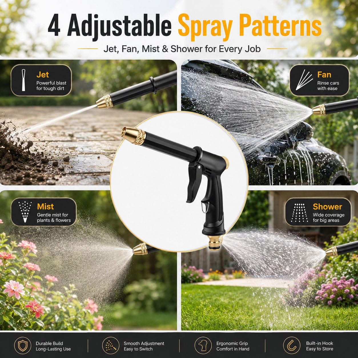 Strumento Multifunzione per Il Lavaggio dell'auto, Tubo Flessibile Regolabile con ugello a Getto, Potente idropulitrice ad Alta Pressione per Auto, Patio e spazi Esterni.,with 20m Hose