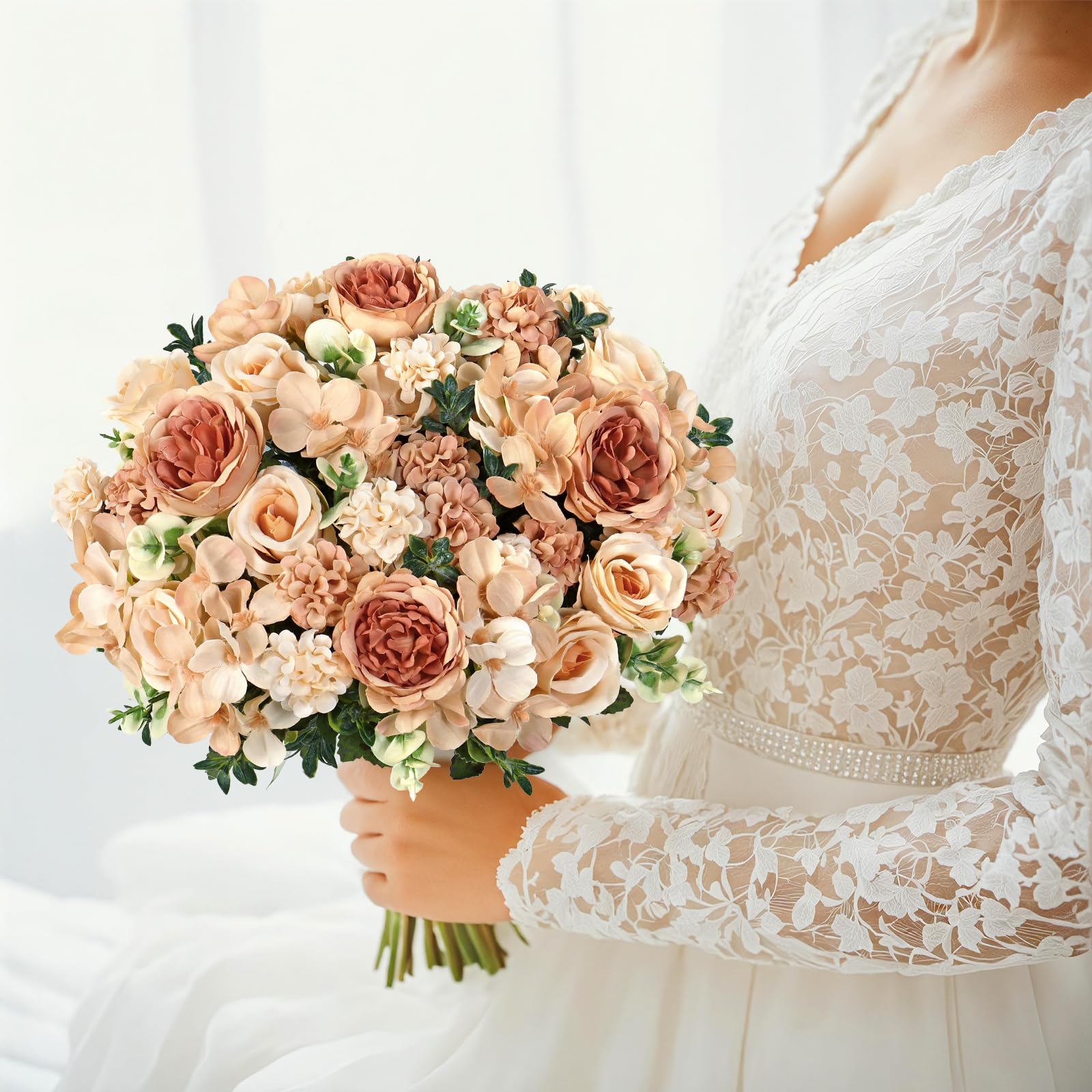 UXORSN 4 Bunches Artificial Roses Peonies Flowers Champagne Fake Flower Silk Peonies Rose Hydrangea Faux Flower Bouquet Floral Arrangement for Wedding Party Home Table Centerpieces Decor(2 - Image 4
