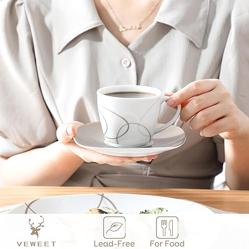 Miniatura 4 de VEWEET juego de vajilla de porcelana de 30piezas, de color blanco marfil con líneas marrones, juego con platos, tazas y platillos, para 6comensales,