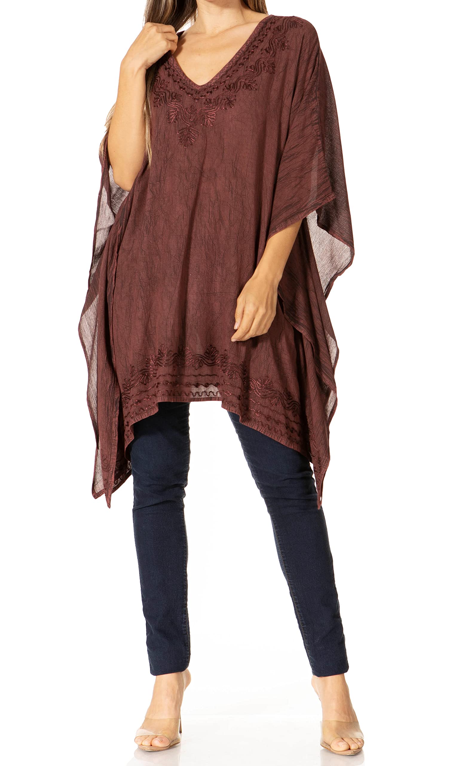 Sakkas K2022S - Wren Lightweight Circle Poncho Top Blouse with Detailed Embroidery - A-Wine - OS