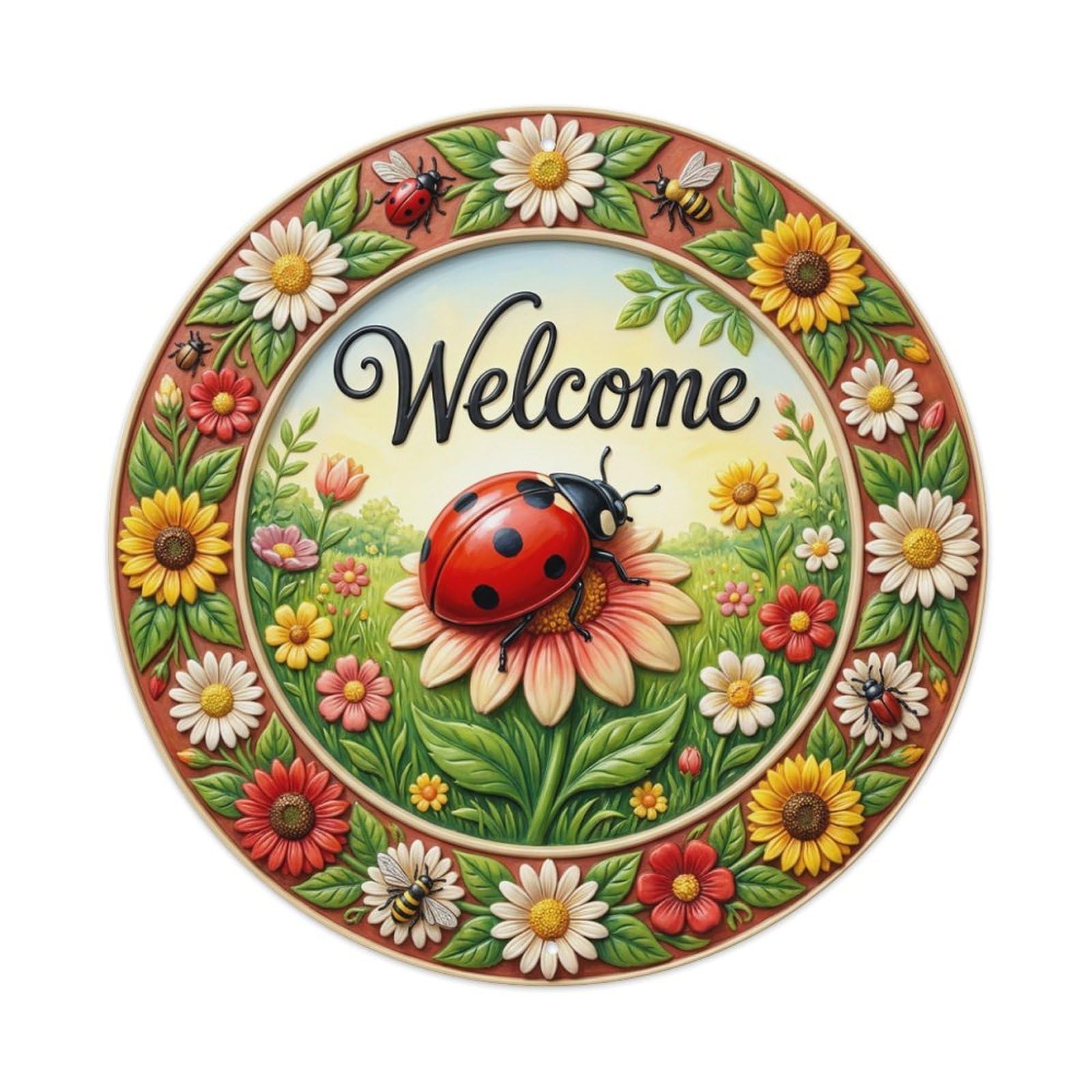 Tgrcjimh Style Metal Tin Sign Ladybug Flower Welcome Sunny Garden