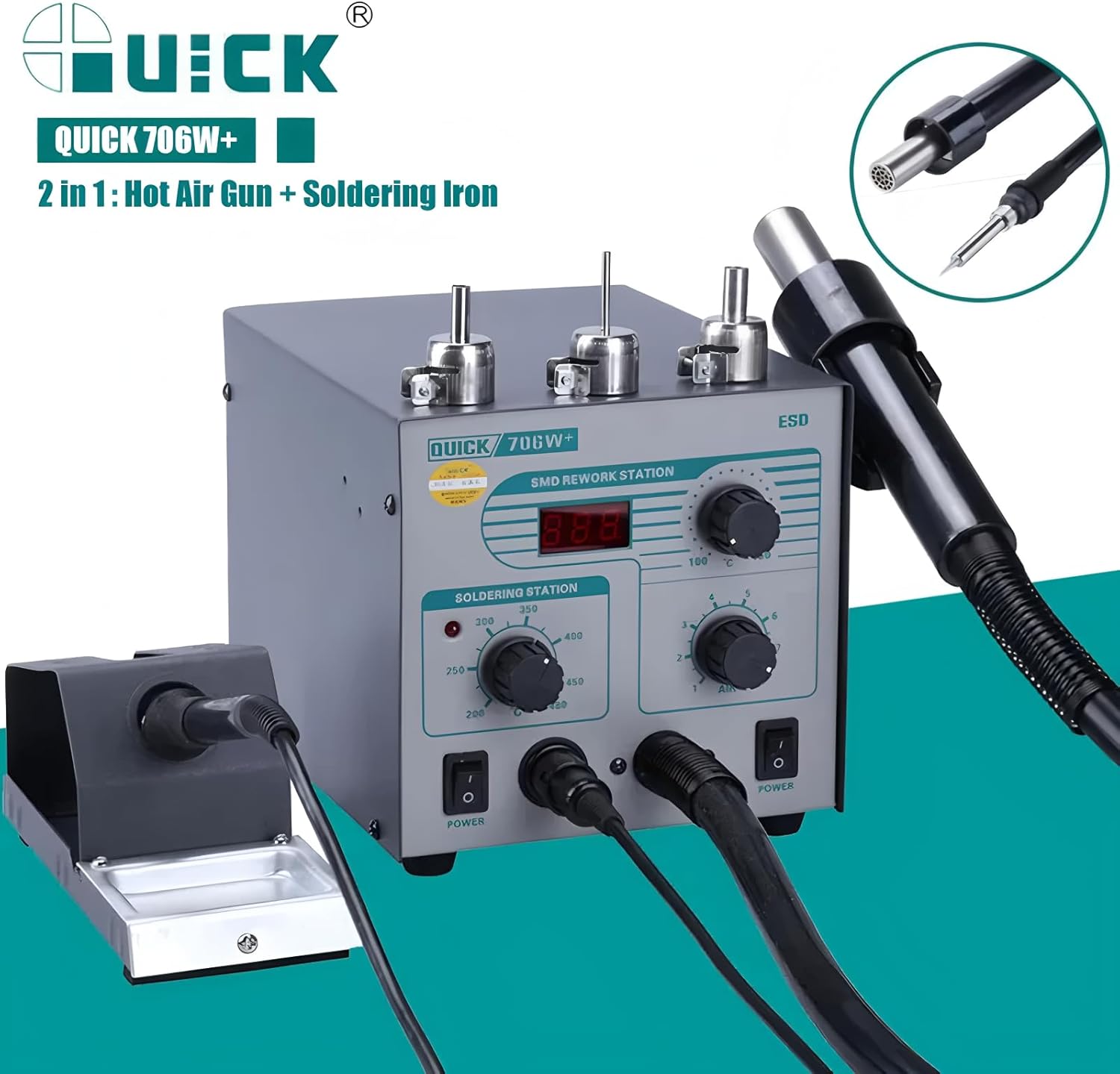 QUICK/SUNSHINE 706W+ 2 in 1 Digital Display Hot Air Gun + Soldering Iron Anti-static Temperature Lead-free Rework Station With 3 Nozzles