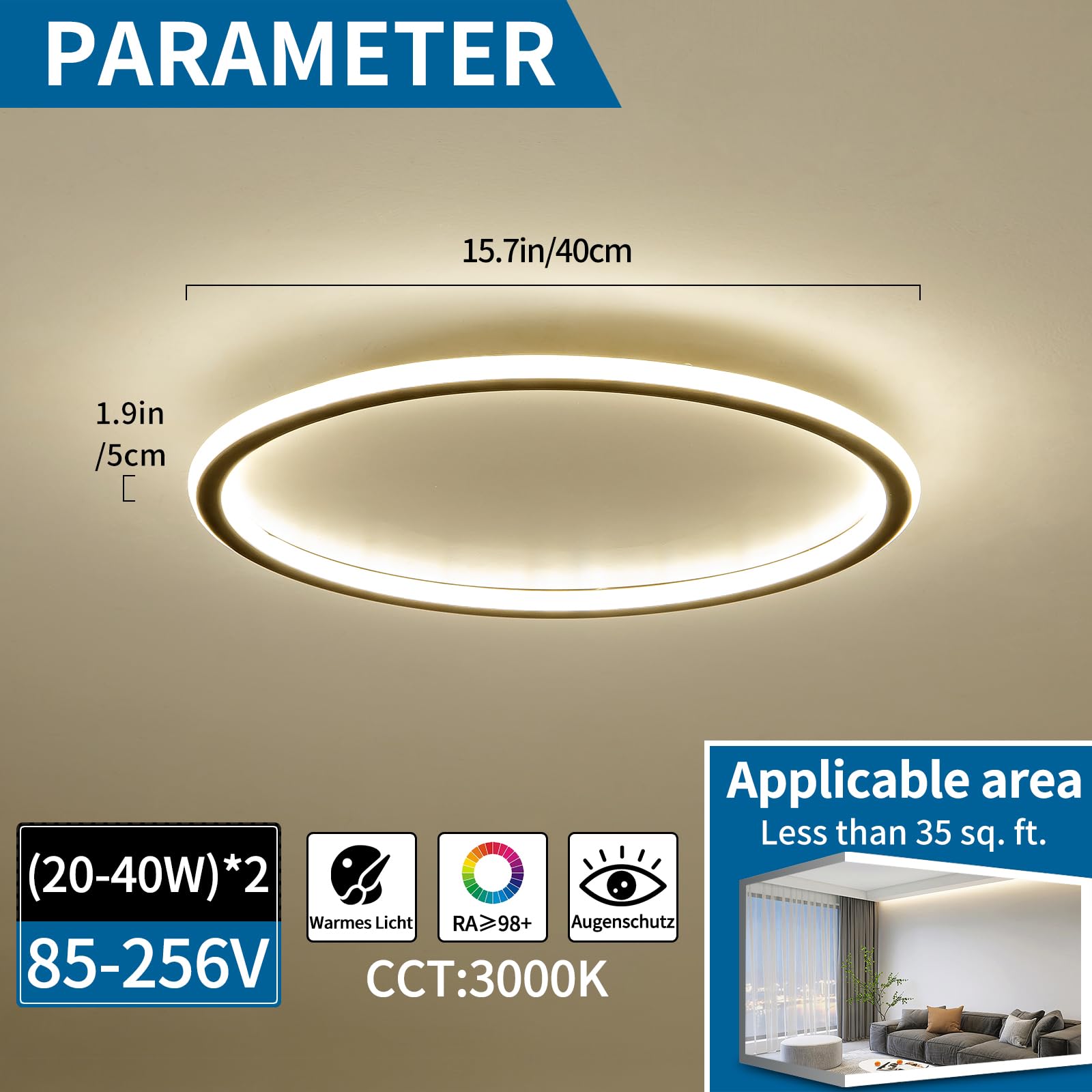 Mikeru Lampada da soffitto 3000 K, 40 cm, rotonda, illuminazione da soffitto a LED, luce bianca calda, lampada da soffitto, senza telecomando, per soggiorno, corridoio, camera da letto