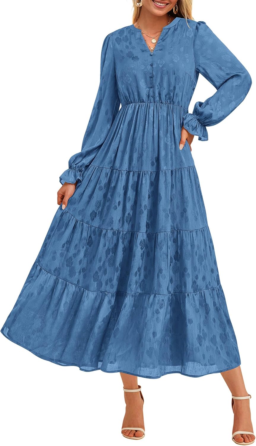 KIRUNDO Fall Wedding Guest Dresses for Women 2025 Maxi Long Sleeve Homecoming Elegant Winter Ruffle Tiered Flowy Long Dress
