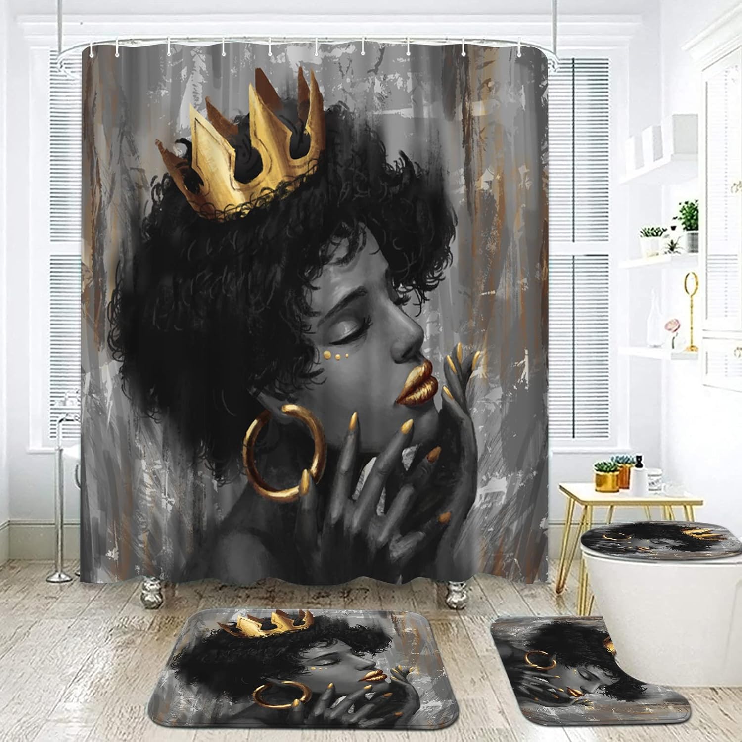 Amazon.com: RnnJoile 4 Pcs Bathroom Sets with Black Girl in Gold Crown Shower Curtain and Rugs ...