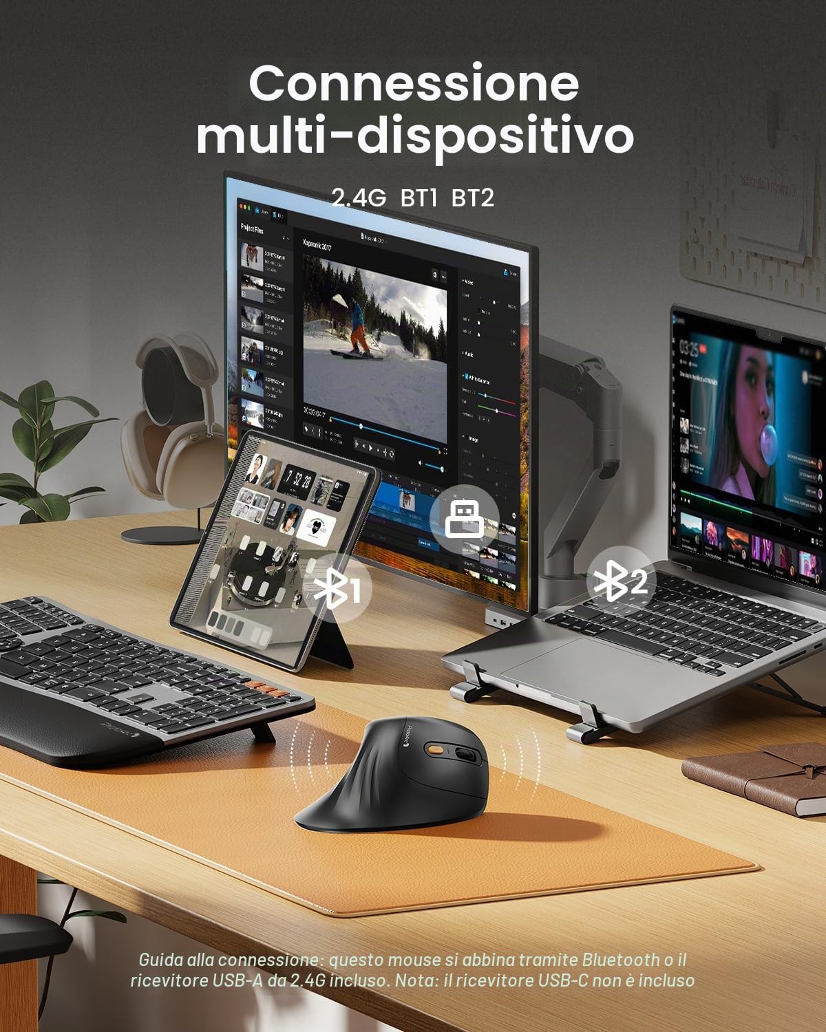 ProtoArc EM11 NL Mouse ergonomico Bluetooth ricaricabile verticale, 3 connettività multi-dispositivo per PC, mouse ottico 2,4 GHz per Windows, Mac OS, nero