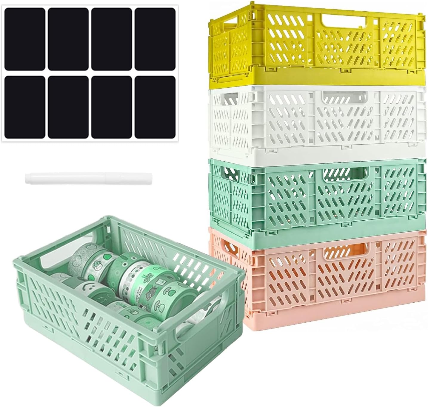 SXCCNW Pastel Crates, 4 PCS Folding Box Small Plastic 20.5 × 14.7 × 9.3 cm Mini Plastic Baskets, Plastic Stackable Storage Boxes for Foldable Storage Basket Storage Boxes Bedroom Office Home Kitchen