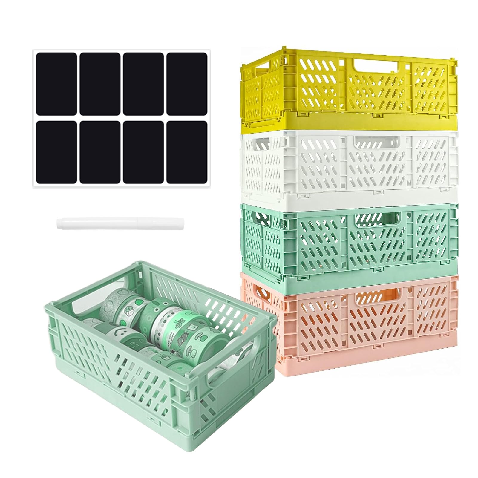 SXCCNW Pastel Crates, 4 PCS Folding Box Small Plastic 20.5 × 14.7 × 9.3 cm Mini Plastic Baskets, Plastic Stackable Storage Boxes for Foldable Storage Basket Storage Boxes Bedroom Office Home Kitchen