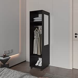 LIFE SKY Rolling Wardrobe with Wheels: Compact Mobile Closet for Small Spaces - Black Modern Storage Cabinet with Mirror & Shelves for Temporary Housing & Bedroom Organization