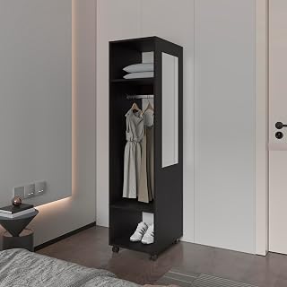 Mobile Wardrobe with Wheels: Rolling Clothes Storage Cabinet & Garment Organizer - Compact Freestanding Furniture for Small Spaces & Rental Apartments with Mirror & Open Shelving