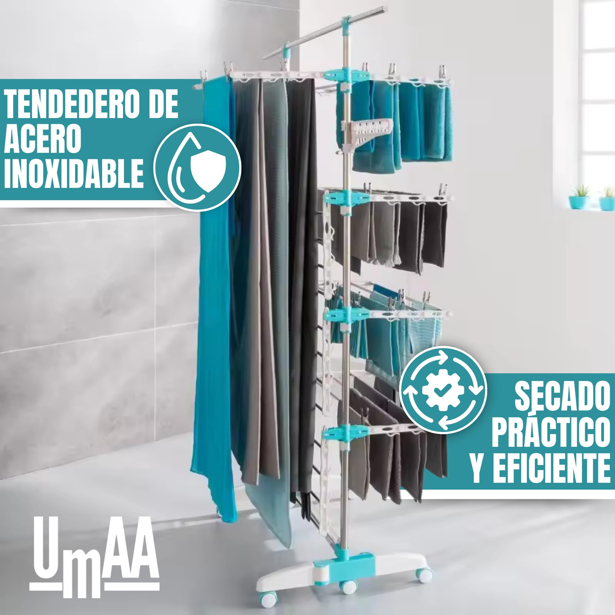 UMAA Tendedero Vertical Plegable Tendedero de Ropa con 6 Ruedas 2 Laterales Abatibles Estantes Ajustables y Marco de Acero Inoxidable para Interior y Exterior Blanco (167 X 67 X 165 CM)
