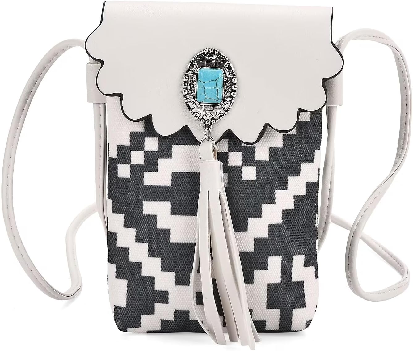 Shop LC Forest Green and White Faux Leather Rhombus Pattern Tassel Crossbody Bag with Shoulder Strap