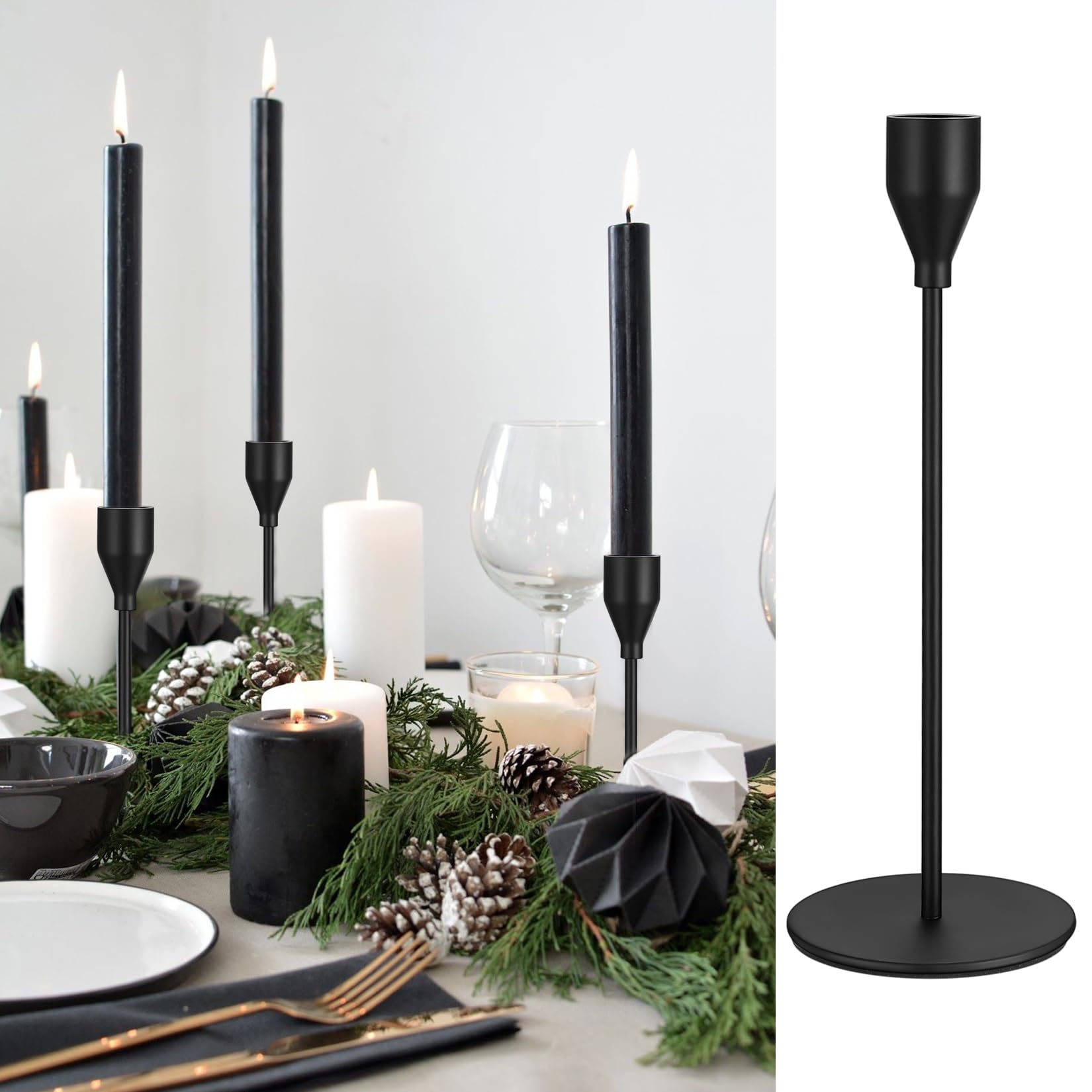 KAKULO Set 3 Candelieri Alti Neri Per Candele Coniche - Portacandele In Metallo 23/28/33 Cm Per Centrotavola Matrimonio E Casa