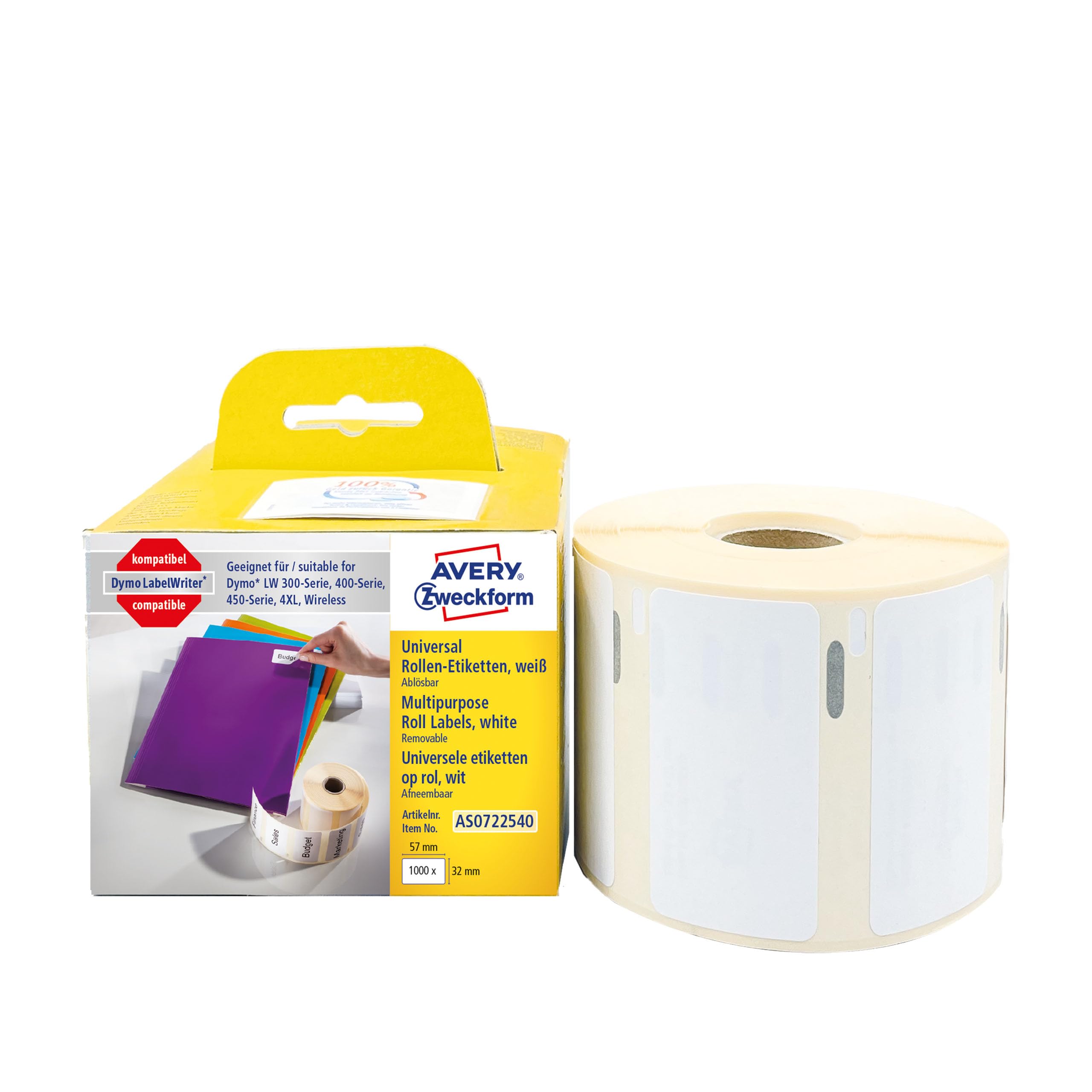 Avery Italia AS0722540 Etichette adesive bianche in rotolo, adesivo rimovibile, 32 x 57 mm, 1000 etichette per confezione, 1 rotolo per confezione, bianco